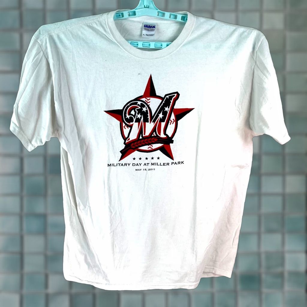 Gildan Gildan Heavy Cotton Mens Graphic White T Shirt Sz XL Military Day At Miller Park Size US XL / EU 56 / 4 - 1 Thumbnail