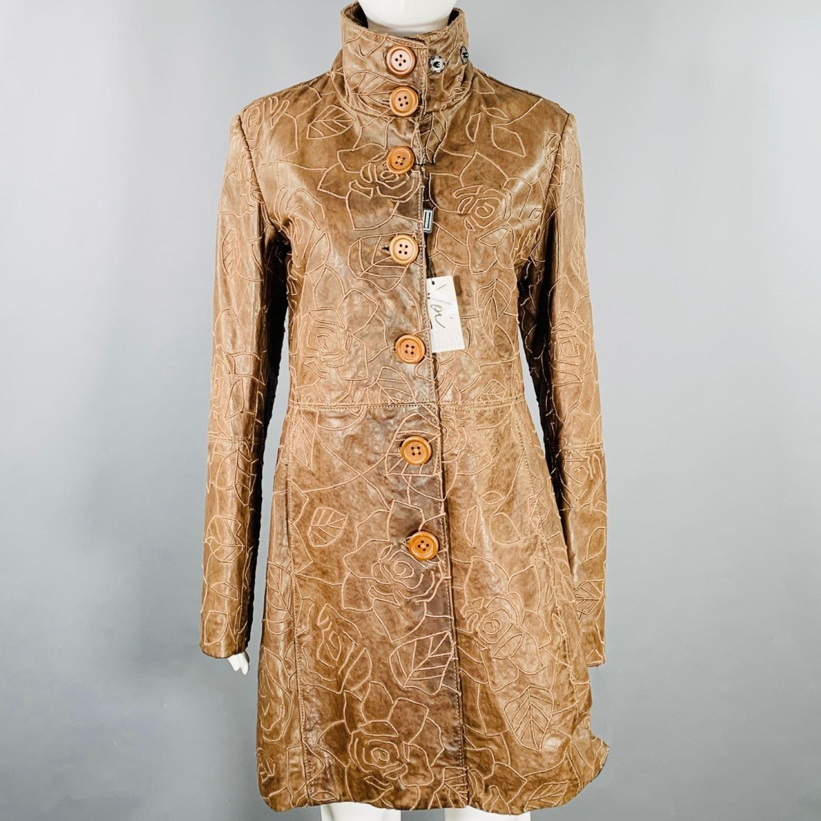 Emporio Armani Brown Lambskin Leather Embroidered Single Breasted Coat Size M / US 6-8 / IT 42-44 - 1 Thumbnail
