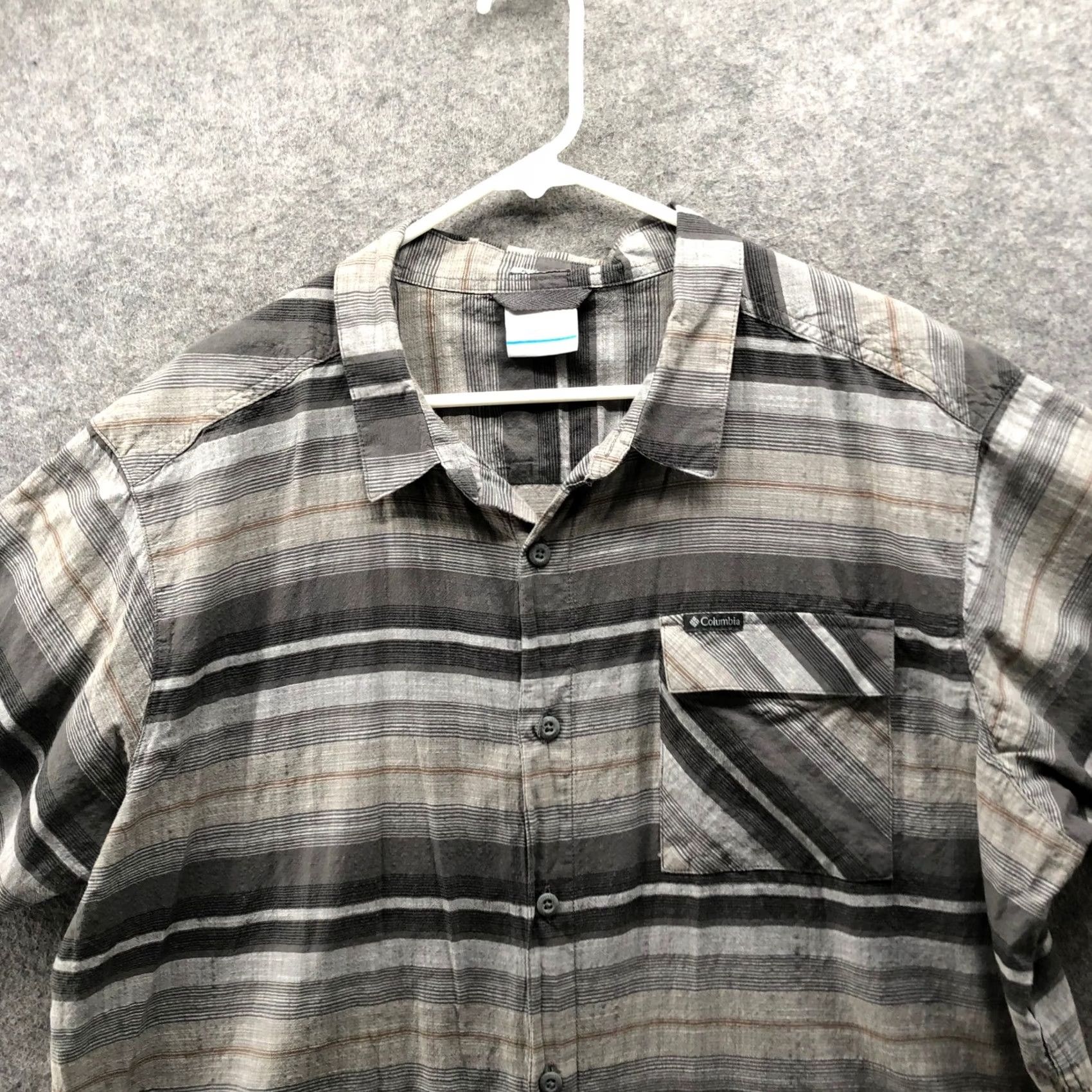 Vintage Columbia Shirt Mens XL Gray Striped Short Sleeve Button-Up Pocket Outdoor Casual Travel | All Seasons, Breathable, Pockets, Lightweight Size US XL / EU 56 / 4 - 6 Thumbnail