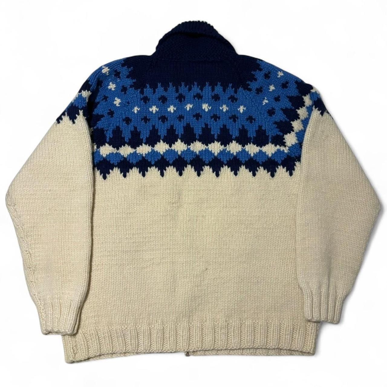 Handmade × Vintage Vintage 60s Patterned Navy Blue Cream Wool Cowichan Sweater Size US XL / EU 56 / 4 - 6 Thumbnail