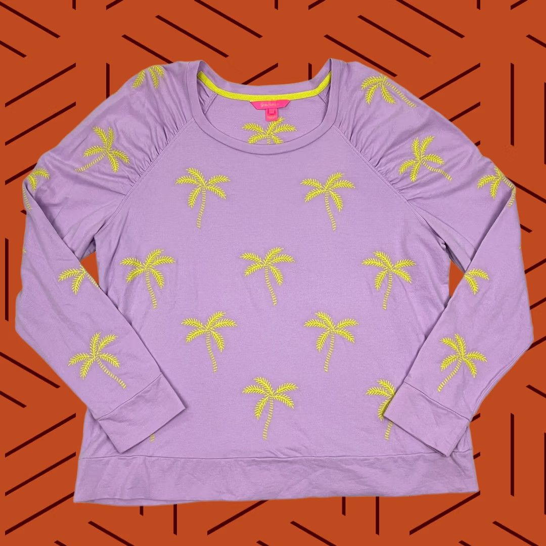 Lilly Pulitzer Lilly Pulitzer Aldean Sweatshirt Womens 2XL Purple Embroidered Palm Trees Shirt Pullover Crew Neck Casual Size XXL / US 16-18 / IT 52-54 - 1 Thumbnail
