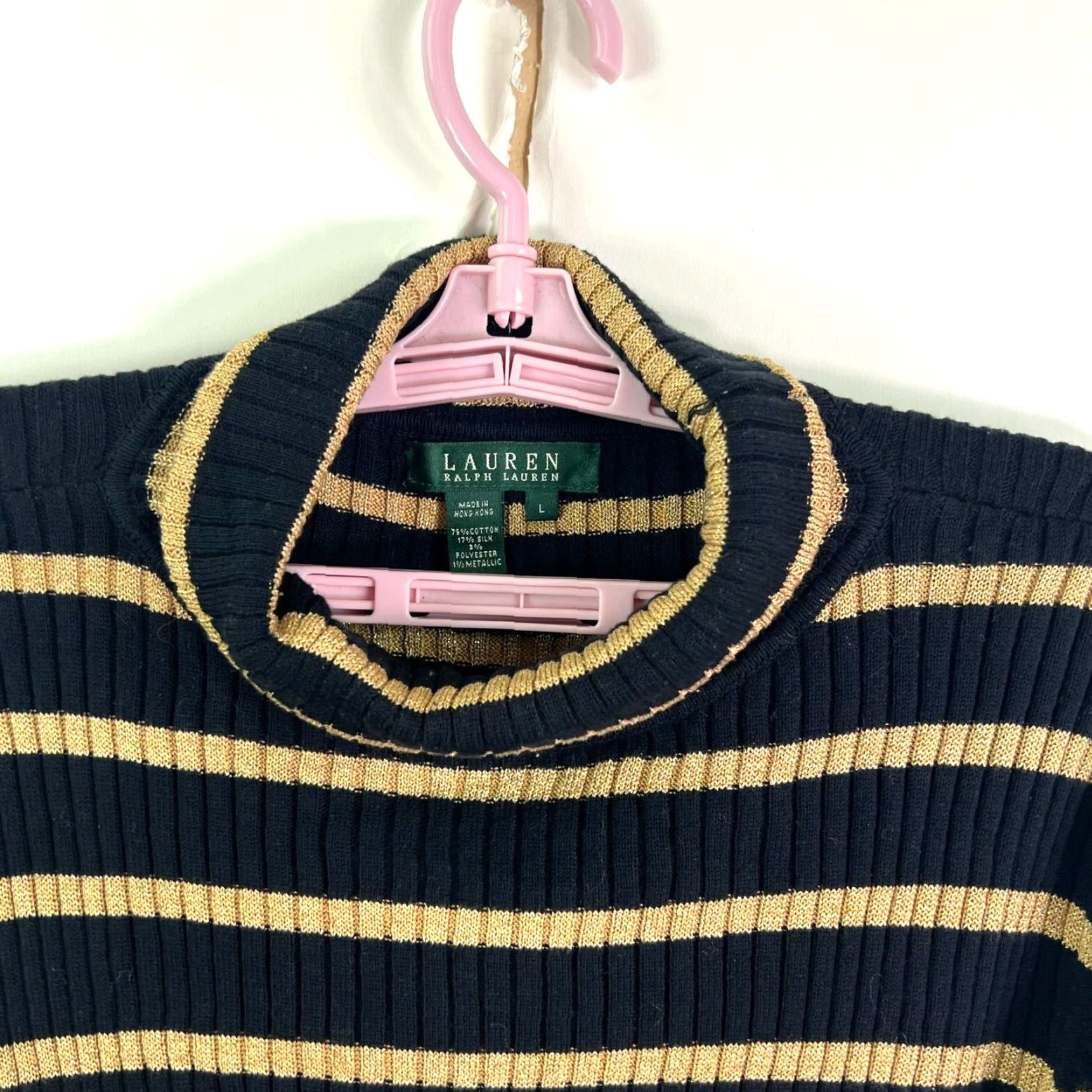 Vintage Lauren Ralph Lauren Sweater Adult Size L Black/Gold Metallic Striped Silk Blend Turtleneck Pullover Womens Size L / US 10 / IT 46 - 2 Thumbnail
