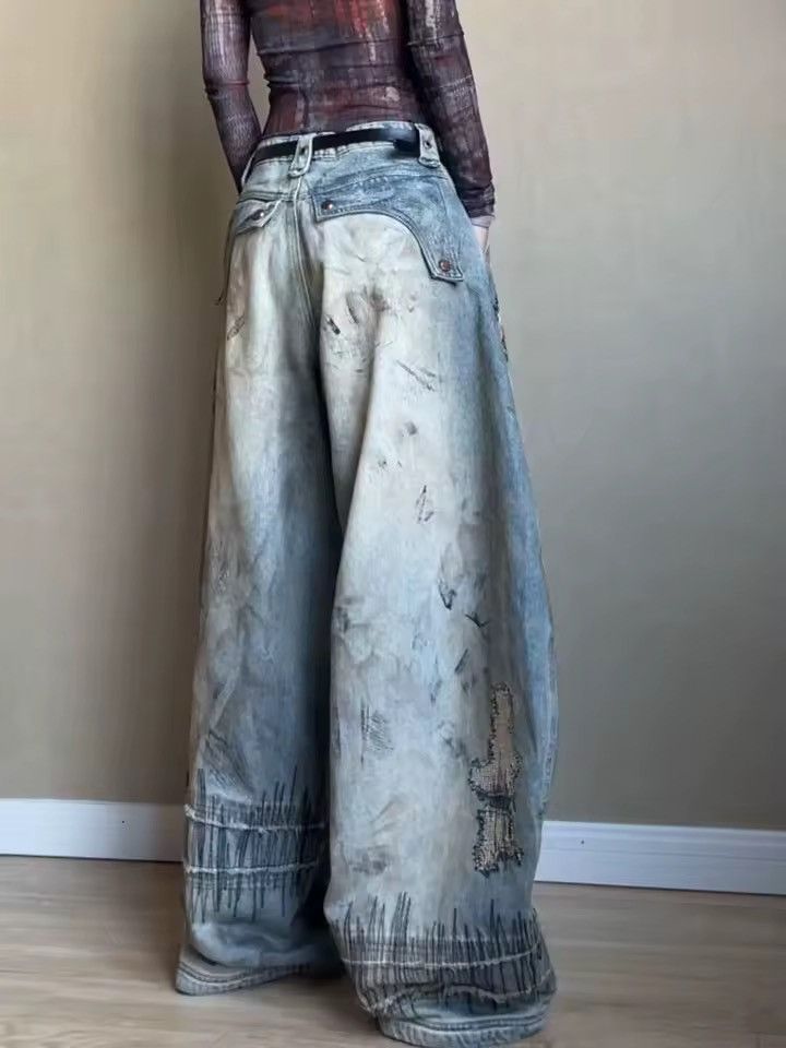 Jean Distressed Printed Design Loose Wide Leg Pants Jeans Size US 32 / EU 48 - 5 Thumbnail