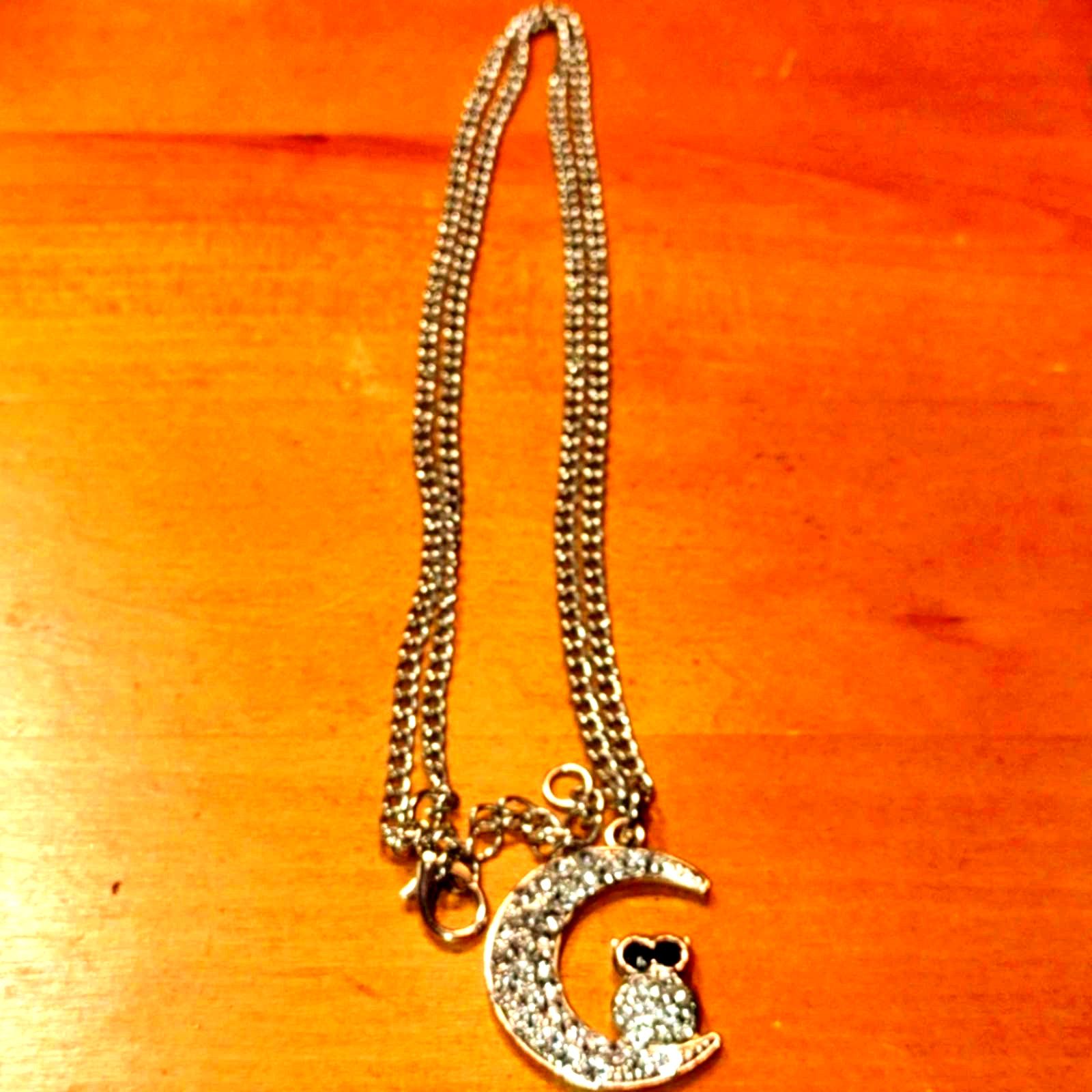 Vintage Vtg. OWL on the Moon Silver & Rhinestone Necklace Size ONE SIZE - 2 Thumbnail
