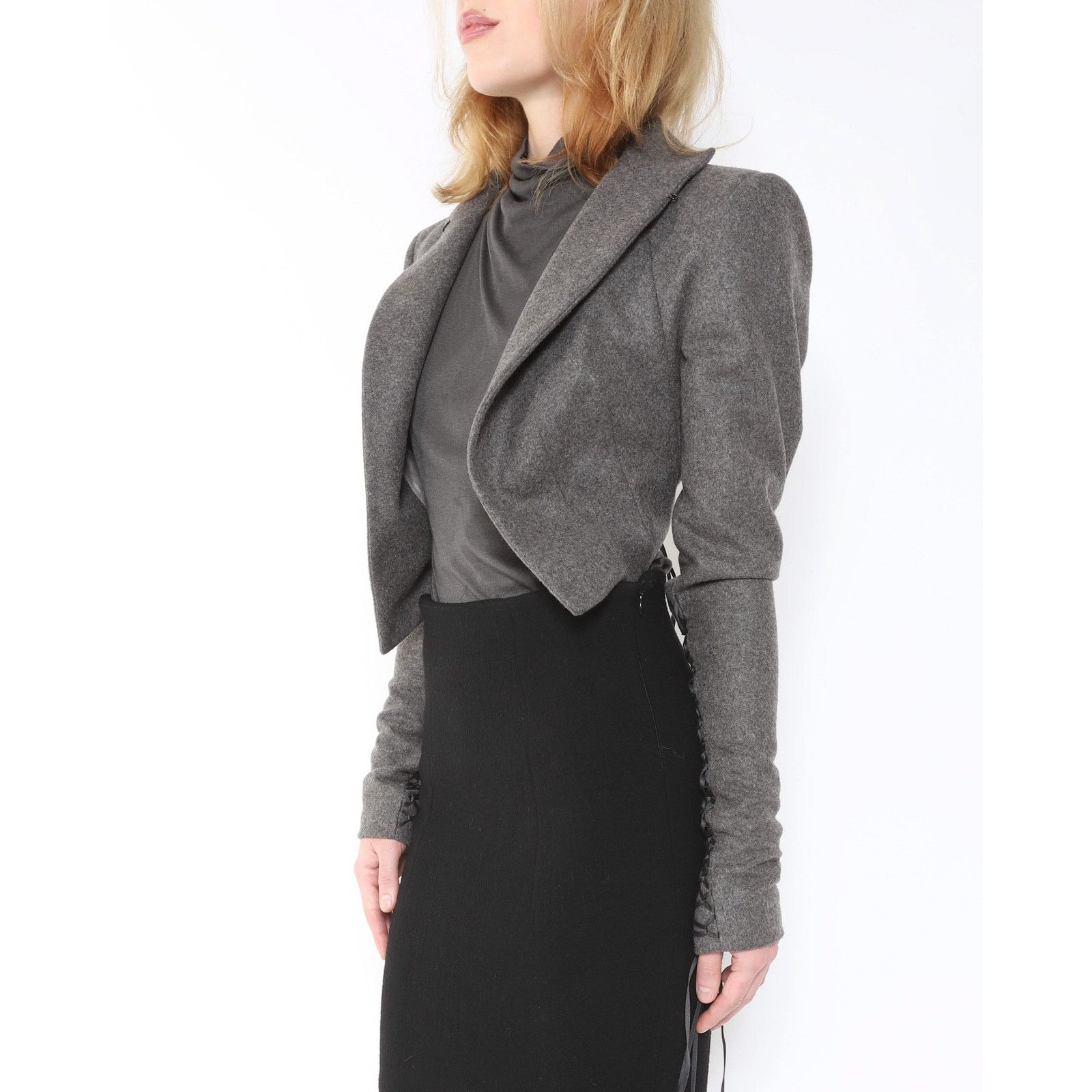 Haider Ackermann FW08 Cropped Jacket with Lacing Detail in Grey Wool Size XS / US 0-2 / IT 36-38 - 3 Thumbnail
