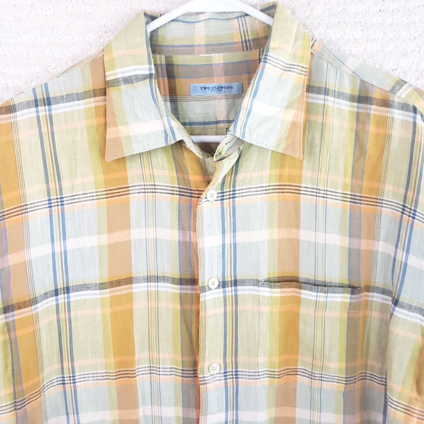 Vintage Two Flowers Linen Blend Camp Shirt Men XL Yellow Green Orange Plaid SS Button Size US XL / EU 56 / 4 - 3 Thumbnail