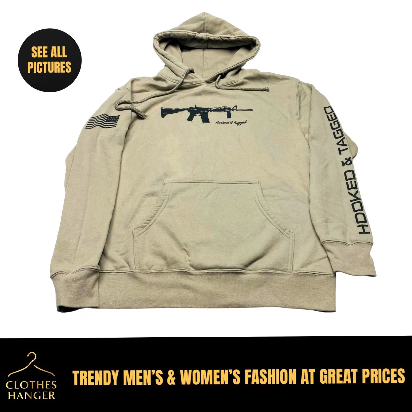 Vintage Hooked & Tagged Mens Medium Pullover Hoodie Fish Hooked And Tagged AR15 Rifle 7717 Ivory Logo Pockets Hoodie Size US M / EU 48-50 / 2 - 2 Thumbnail