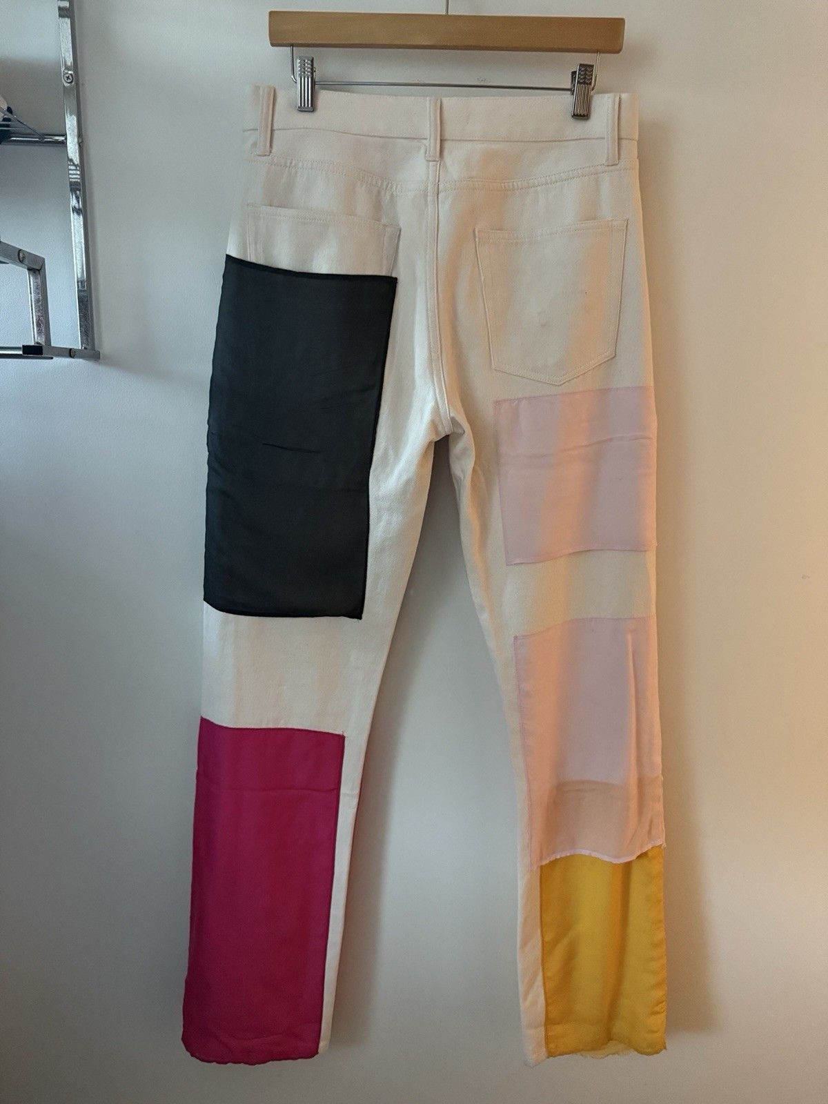 Helmut Lang Colorblock Distressed Silk Chiffon Panel Jeans Cream Size US 32 / EU 48 - 2 Thumbnail