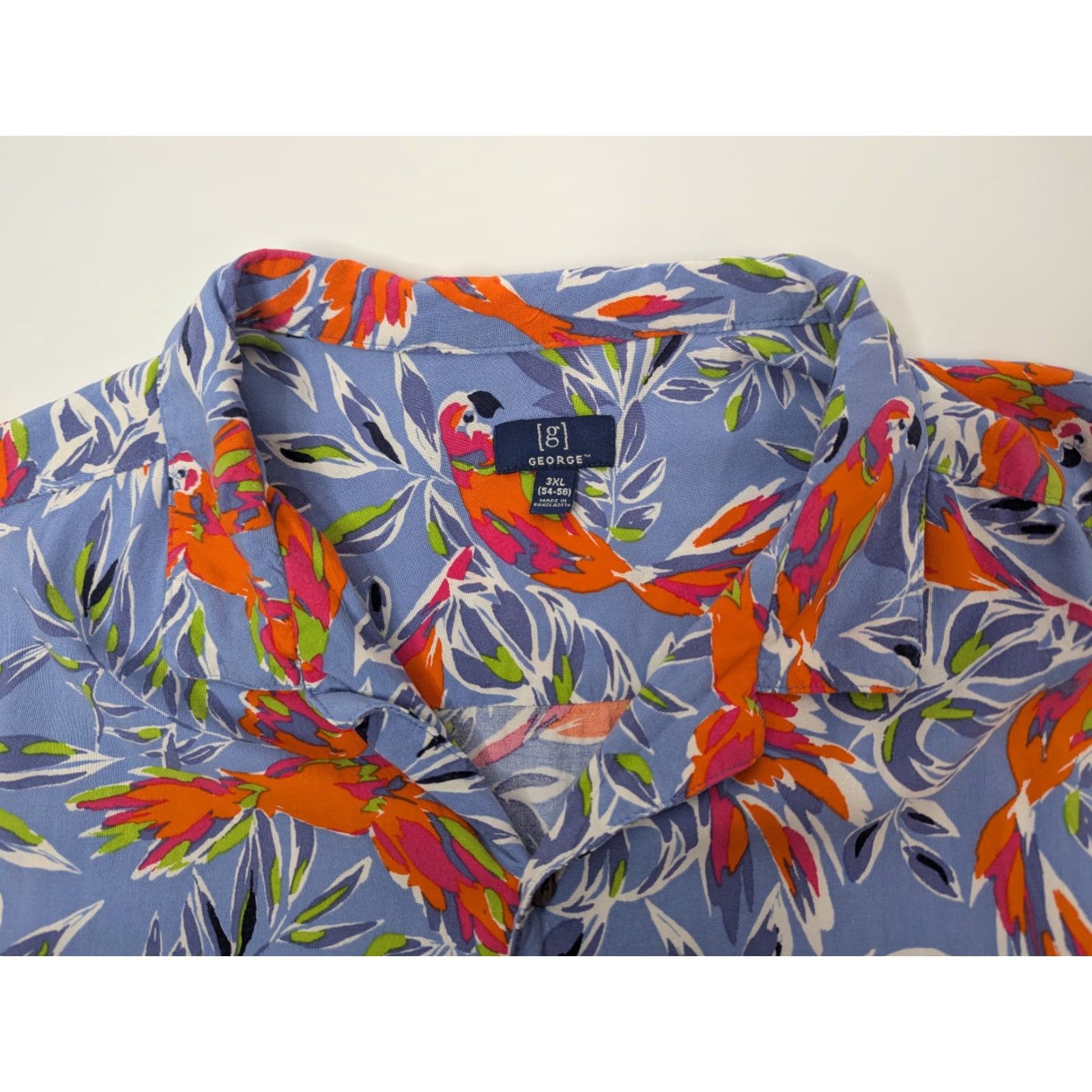 George George Shirt Mens 3XL Blue Palm Leaf Bird Of Paradise Rayon Camp Hawaiian Casual Button-Up Size US XXL / EU 58 / 5 - 6 Thumbnail