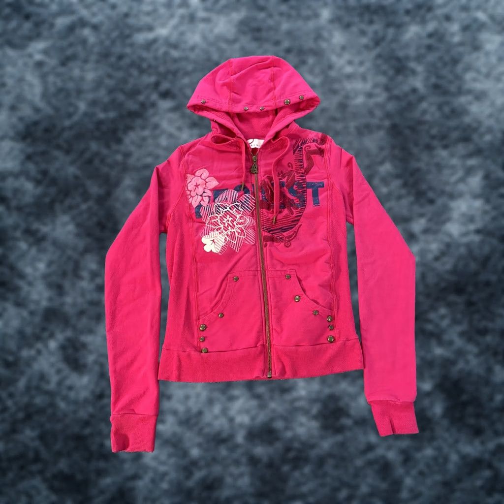 Vintage VINTAGE Request Hoodie Mens Medium Full Zip Floral Embroidered Y2K Pink Corona? Size US M / EU 48-50 / 2 - 1 Thumbnail