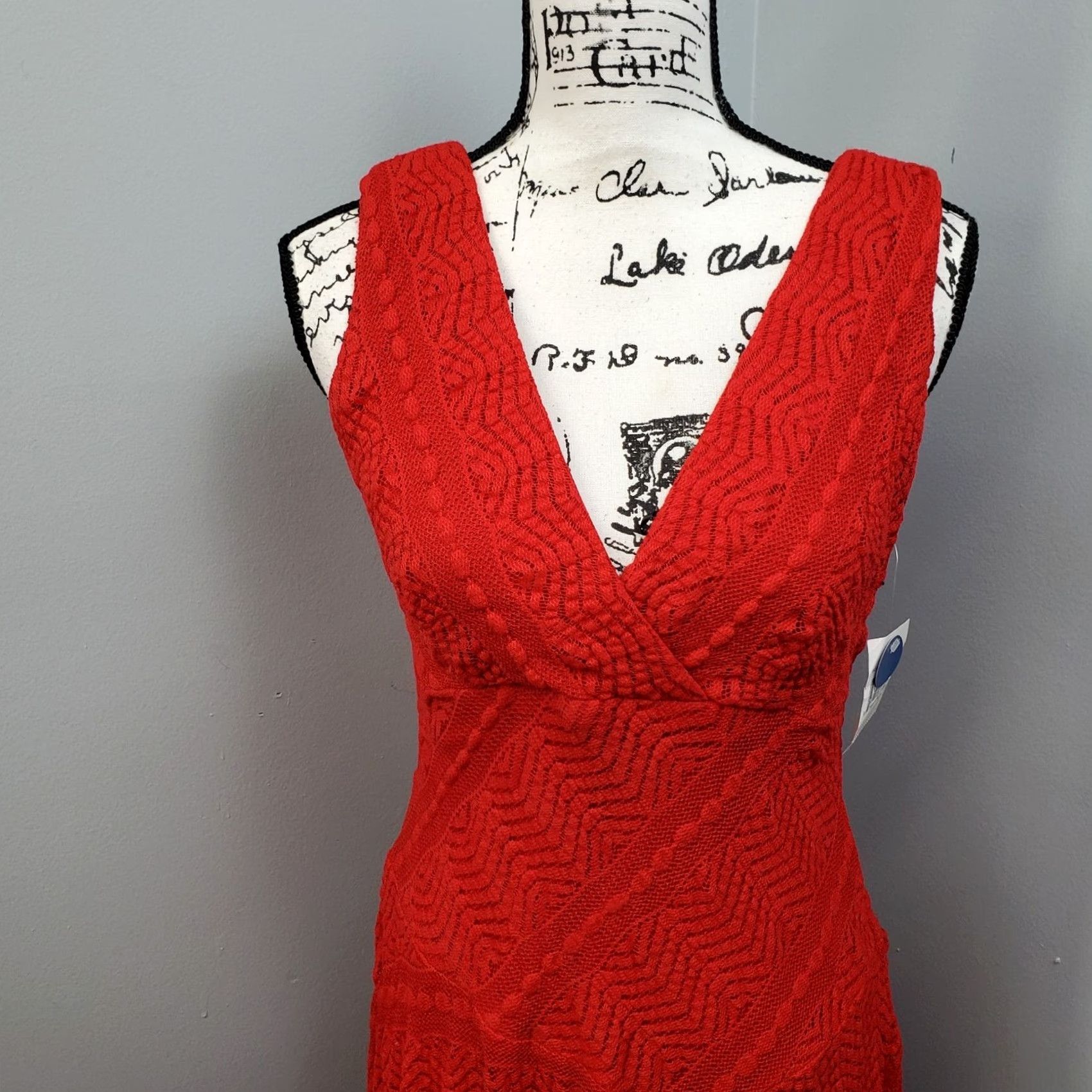 Vintage Rabbit Designs Midi Dress Womens 4 Red Lace Overlay Surplice V Neck Swing Hem Dress Size S / US 4 / IT 40 - 7 Thumbnail