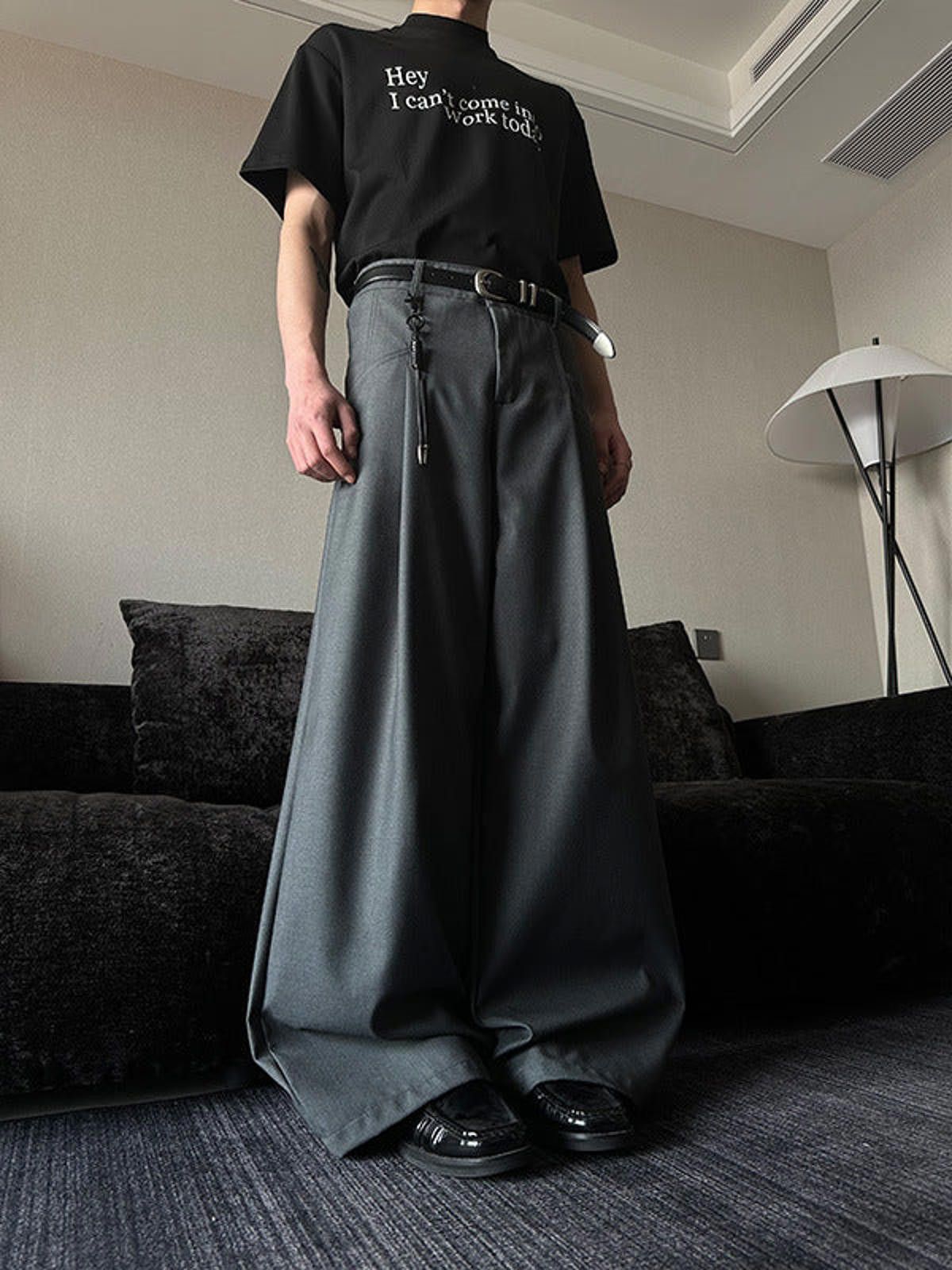Vintage Gray Wide Leg Men's Trousers, Relaxed Fit Pants Size US 30 / EU 46 - 2 Thumbnail