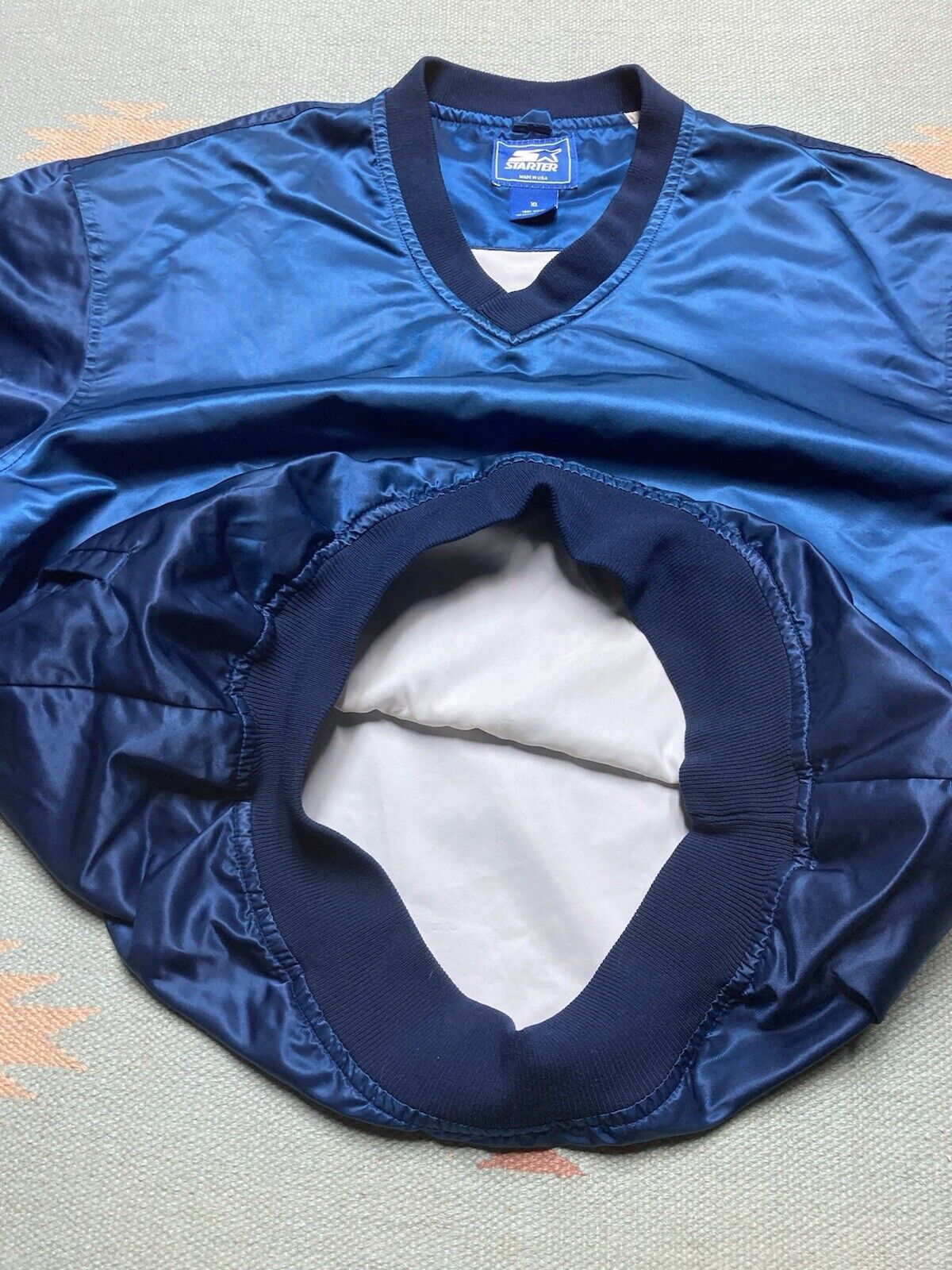 Starter × Vintage VTG starter satin jacket v neck blank navy blue baseball XL Size US XL / EU 56 / 4 - 6 Thumbnail
