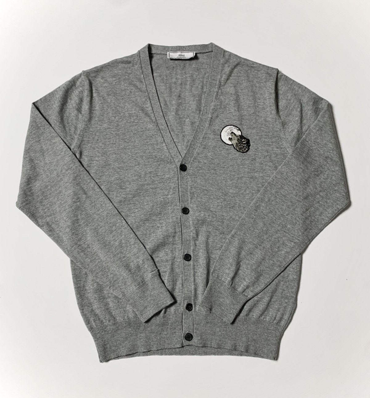 image of Ami Alexandre Mattiussi Wolf Logo Merino Wool Cardigan in Grey, Men's (Size Medium)