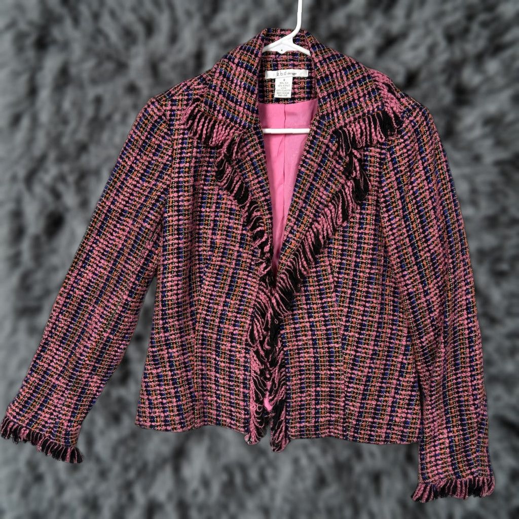 Vintage z.b.d design Blazer Women 8 Pink Tweed Fringe Silk Blend Lined Classic Office Chic Size M / US 6-8 / IT 42-44 - 1 Thumbnail