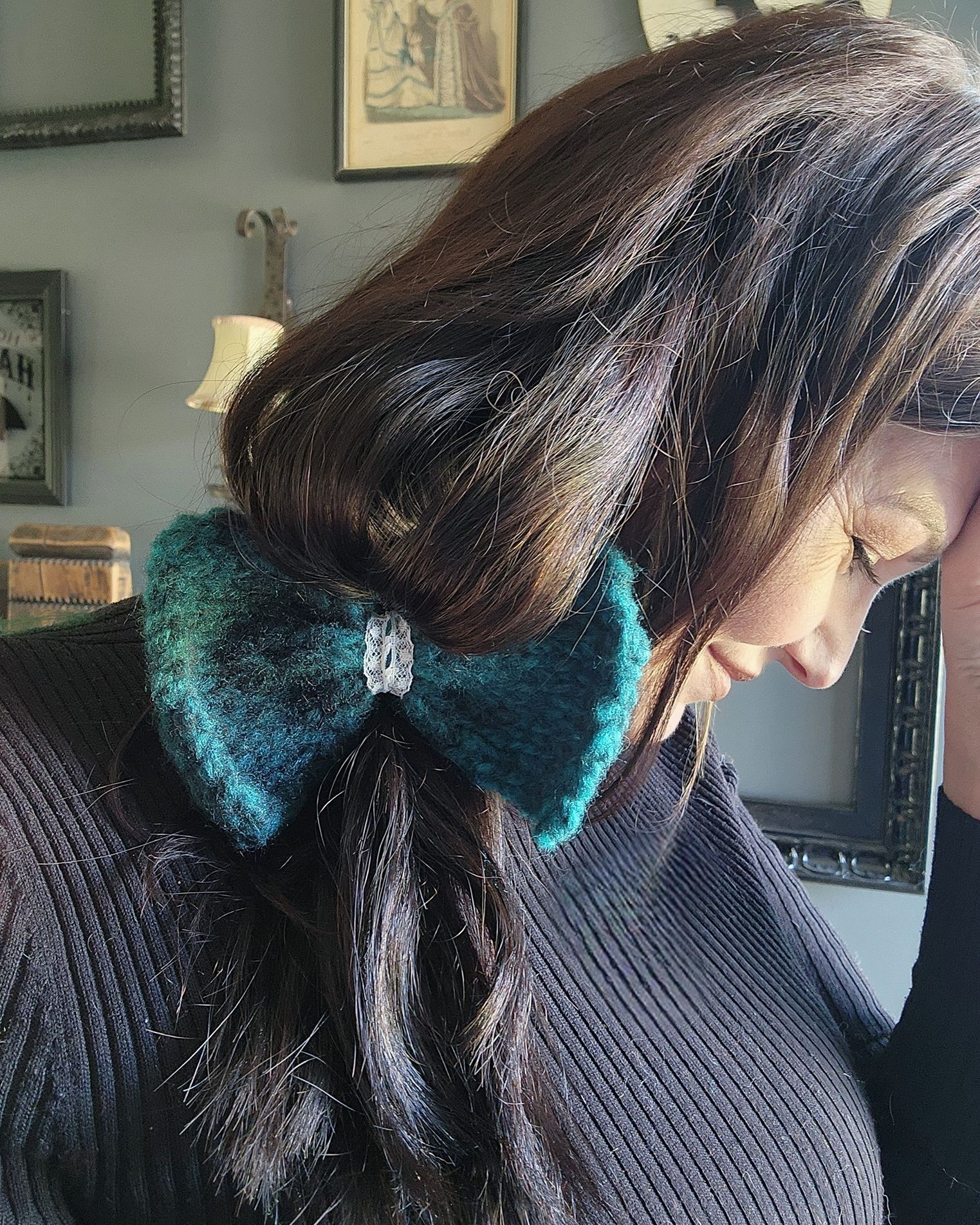 Handmade Knit Hair Bow, Handknitted Teal Ombre Ponytail Holder or Hai Size ONE SIZE - 3 Thumbnail