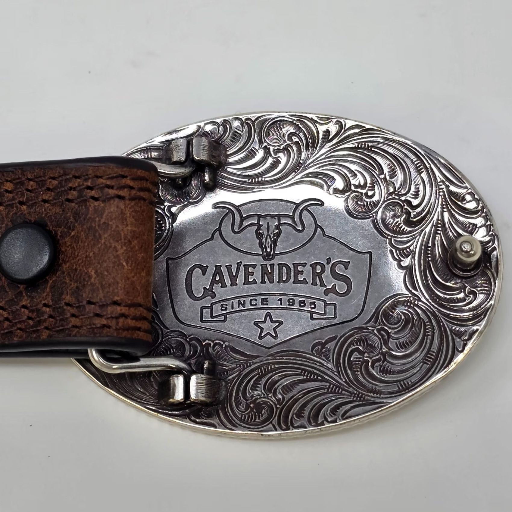 Vintage Cavenders Brown Leather Belt Big Buckle Size 30 Western Cowboy Bull Rider Rodeo Belt Mens Size 30 - 6 Thumbnail