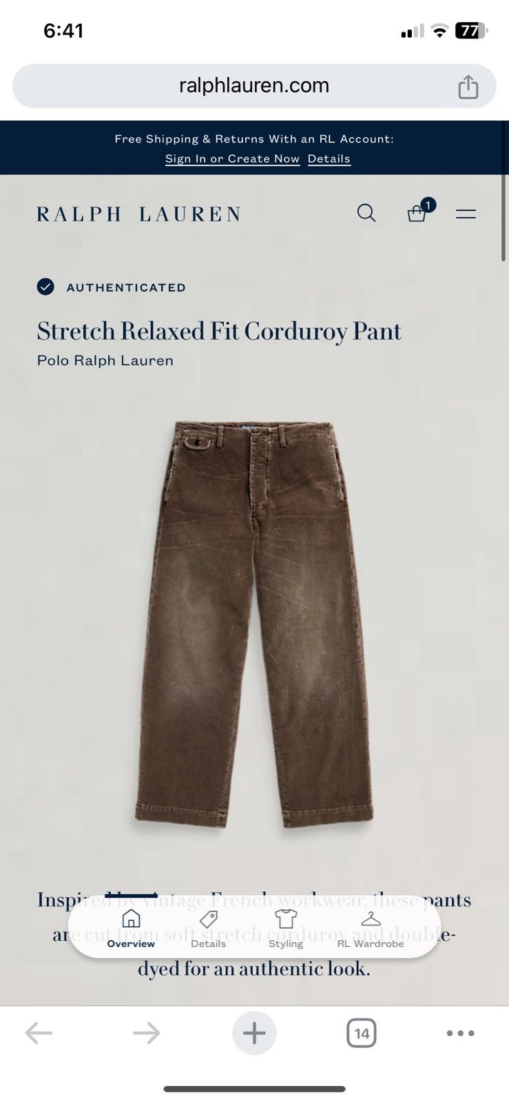 Polo Ralph Lauren Polo Ralph Lauren Stretch Relaxed Fit Corduroy Pant Size US 36 / EU 52 - 2 Thumbnail