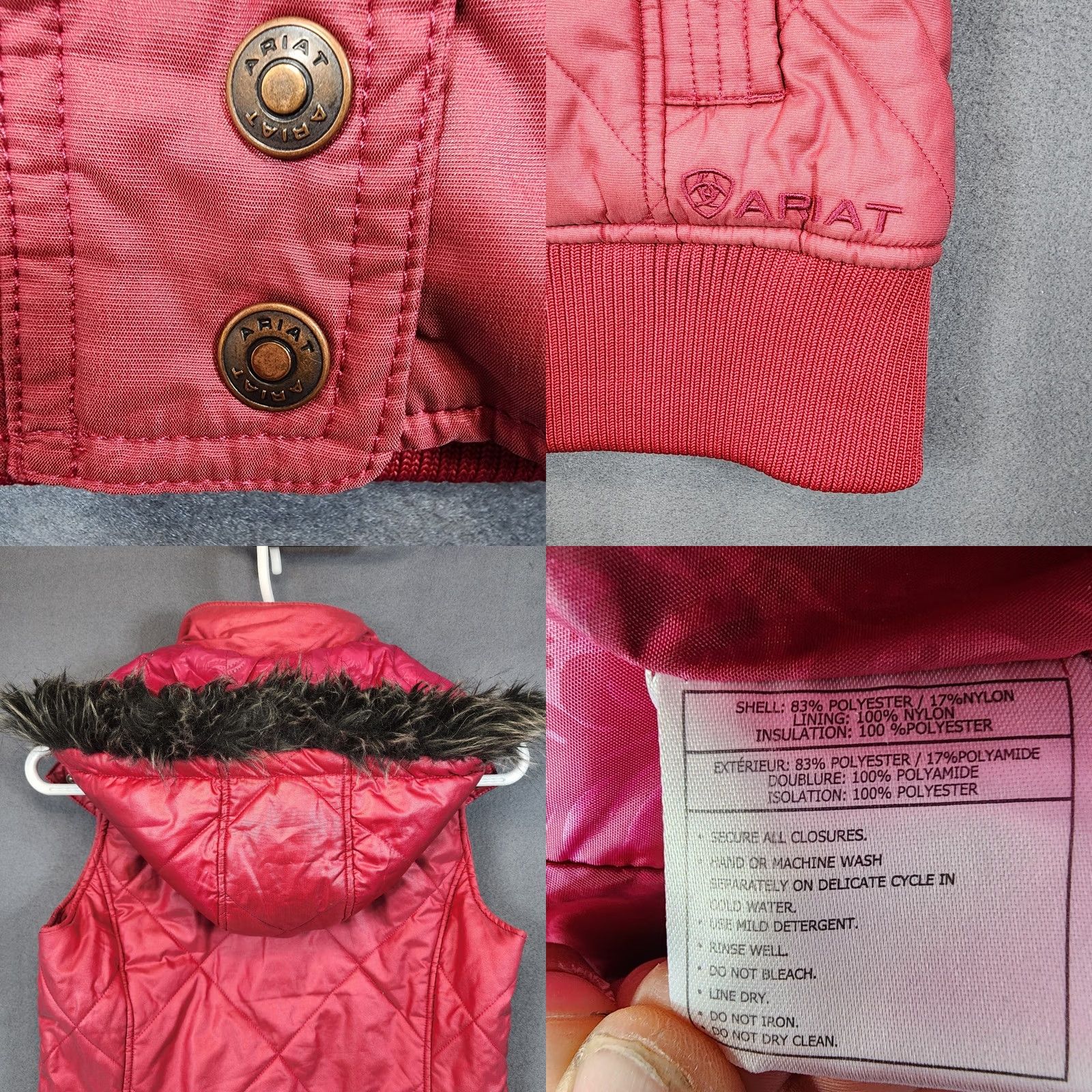 Ariat Ariat Womens Vest XS Pink Full Zip Quilted Puffer Faux Fur Trim Pockets Vest Ladies XS Pink Quilted Puffer Vest Size XS / US 0-2 / IT 36-38 - 8 Thumbnail
