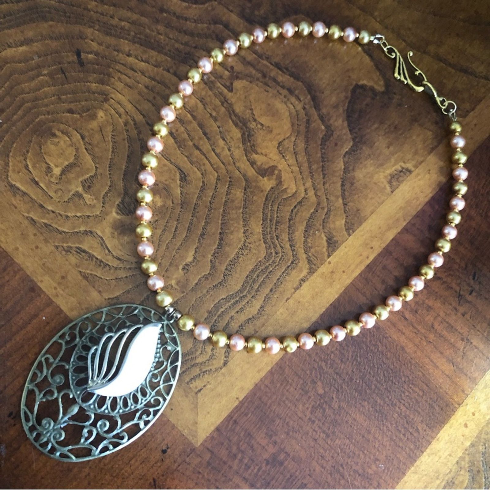 Handmade Handcrafted repurpose blush enamel filigree Pearl necklace Size ONE SIZE - 10 Thumbnail