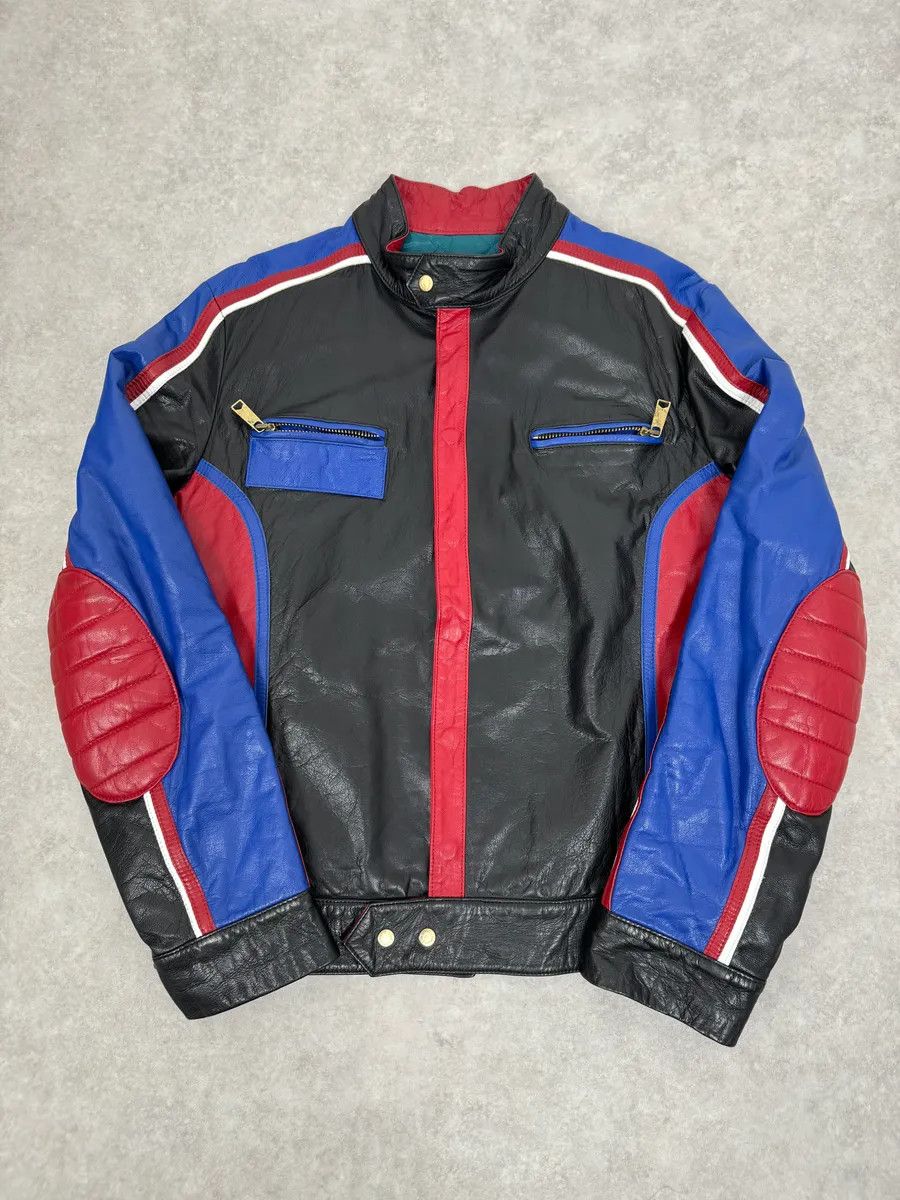 2000s Dolce & Gabbana Blue & Black Racing Biker Leather Jacket
