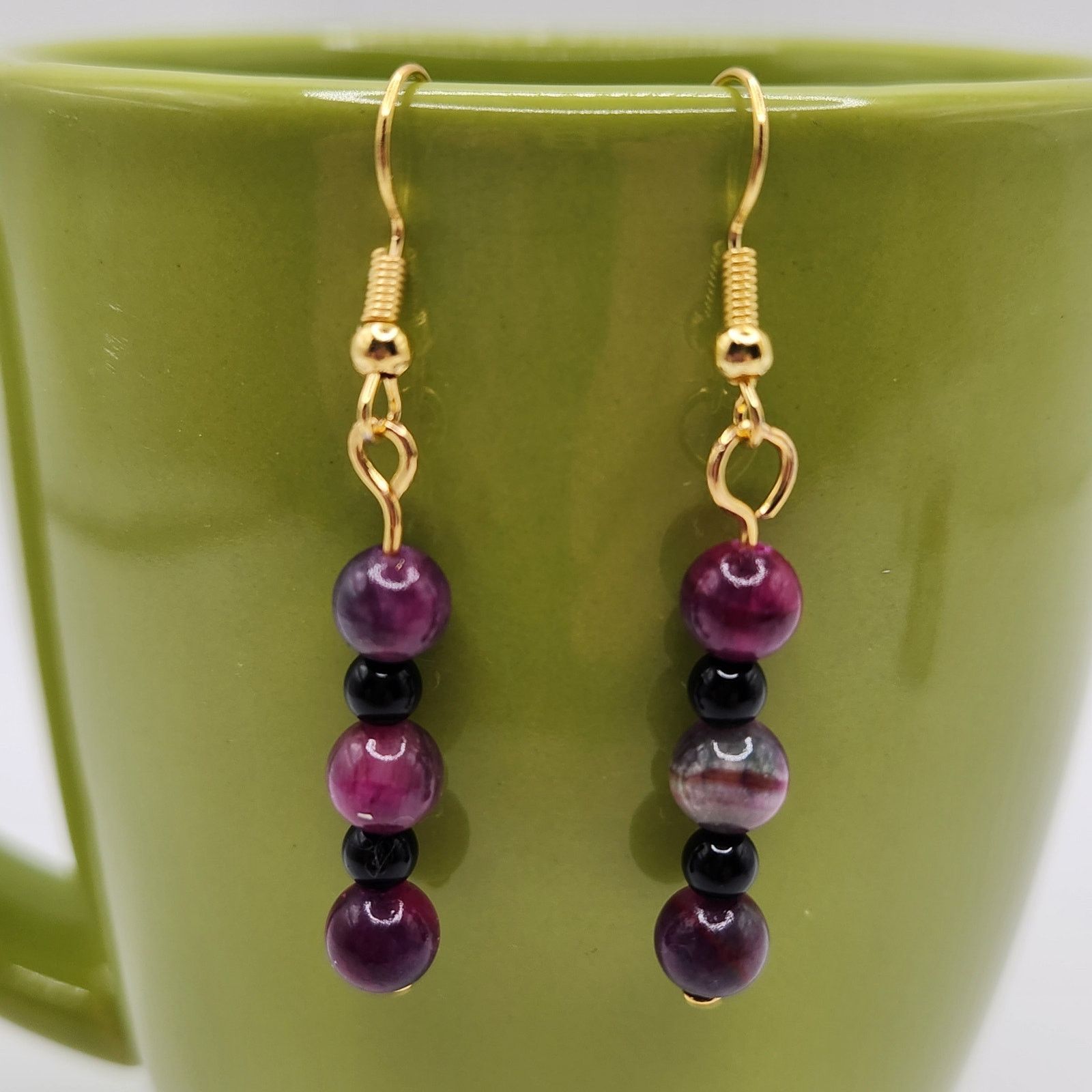 Other Handmade Beaded Dangle Earrings Jade and Black Amethyst 2" Size ONE SIZE - 1 Thumbnail