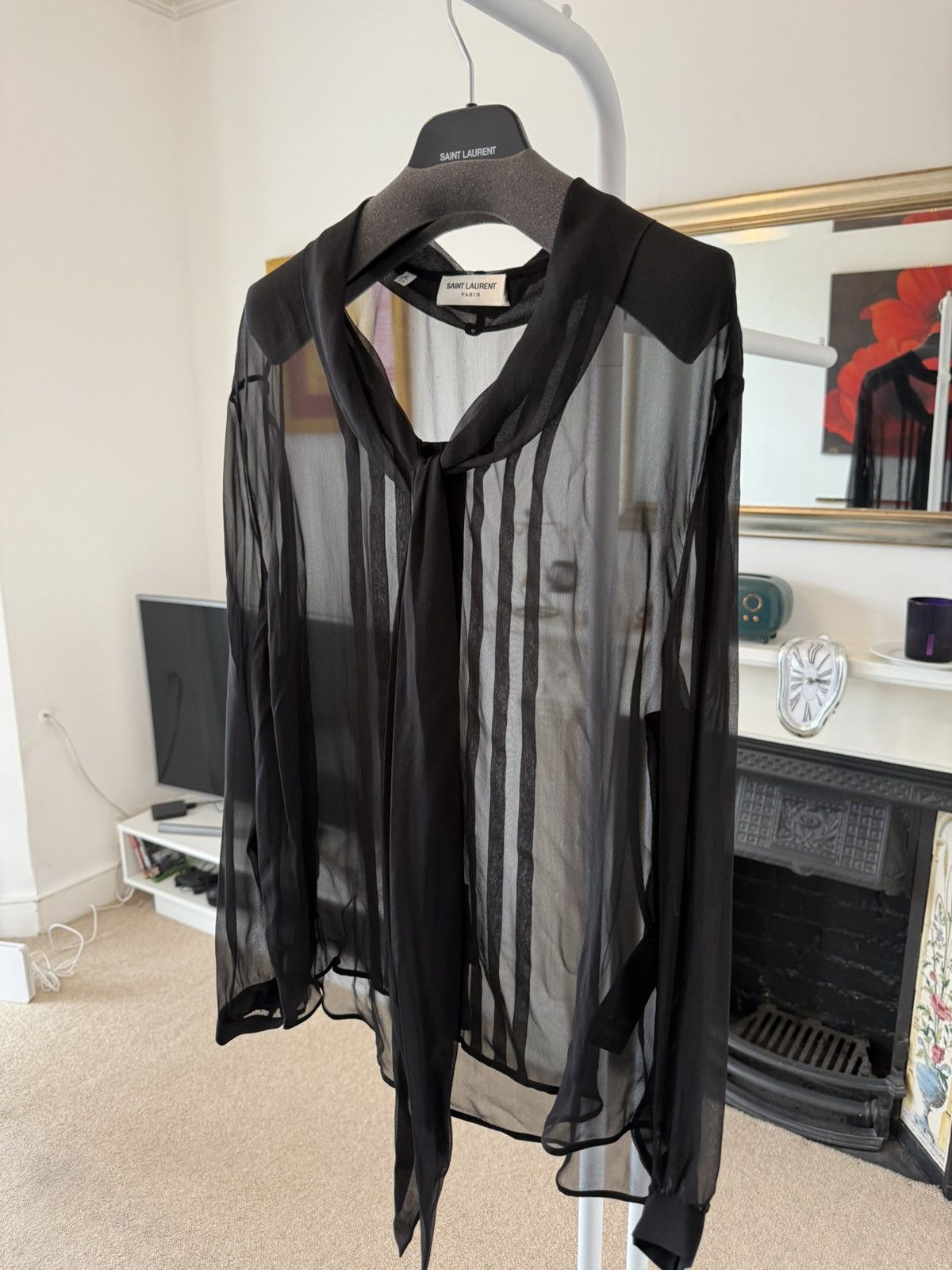 Saint Laurent Paris FW23 Saint Laurent Lavalliere-Neck Shirt in Silk Muslin Size US XS / EU 42 / 0 - 4 Thumbnail