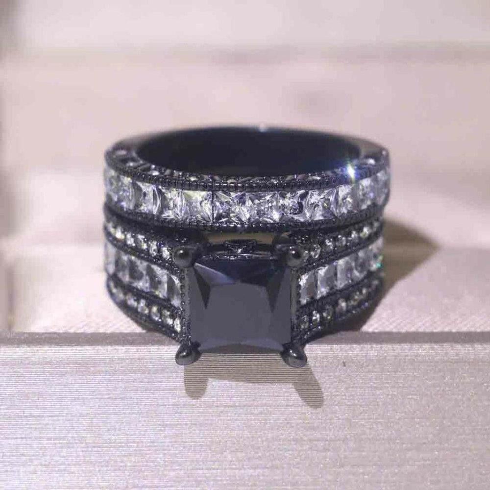 Designer 2Pcs 925 Silver Black Zircon Engagement Ring Set - Size 5 Size ONE SIZE - 5 Thumbnail