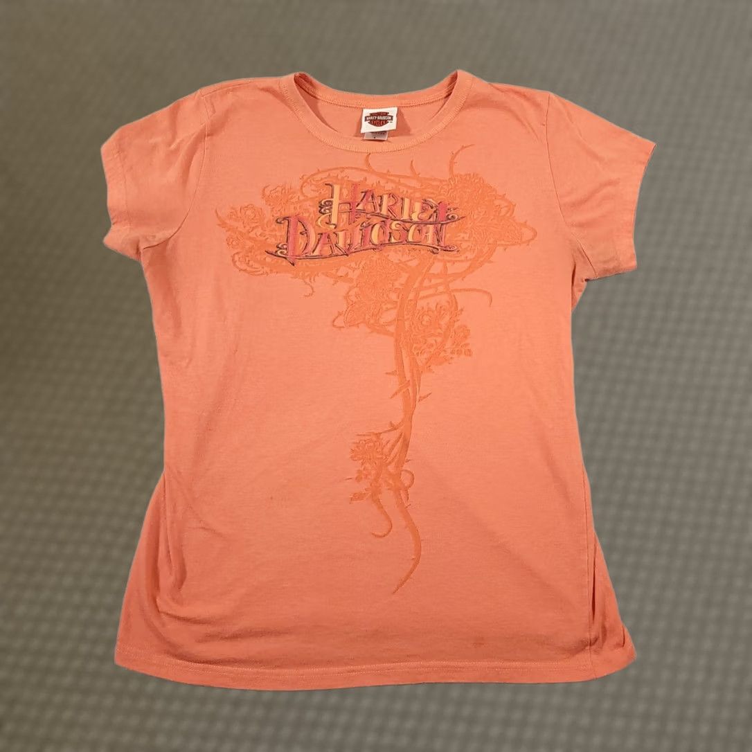 Harley Davidson Harley-Davidson Shirt Women's Large Orange Motorcycle Short Sleeve Grunge USA Shirt T-Shirt 80s 90s Biker Mens Womens Girls Size L / US 10 / IT 46 - 1 Thumbnail