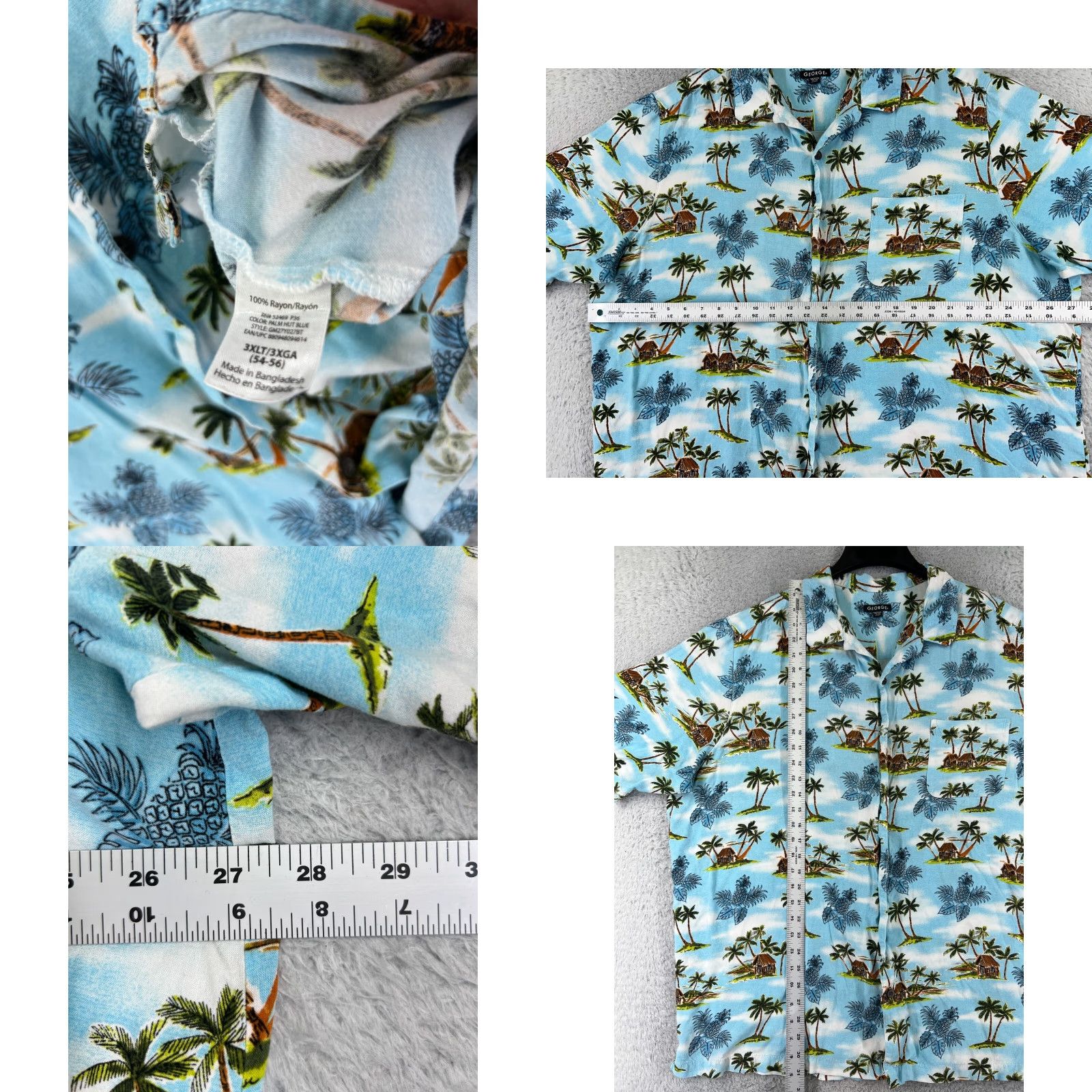George George Hawaiian Shirt Adult 2XL Blue Pineapple Hut Palm Print 100% Rayon Floral Button-Up Short Sleeve Viscose Casual Mens Satin? Wait no. Size US XXL / EU 58 / 5 - 8 Thumbnail
