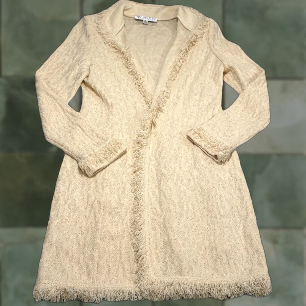 St. John St. John Beige Fringe Knit Long Cardigan Jacket Open Front Size 2 Regular Women Tweed Long Coat Fringe Pockets USA 90s not applicable Size XS / US 0-2 / IT 36-38 - 1 Thumbnail