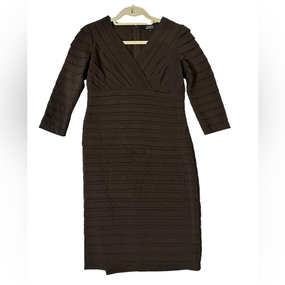 Designer Tadashi Shoji l Tiered Pleated Brown Sheath Stretch Dress LP Size L / US 10 / IT 46 - 2 Thumbnail