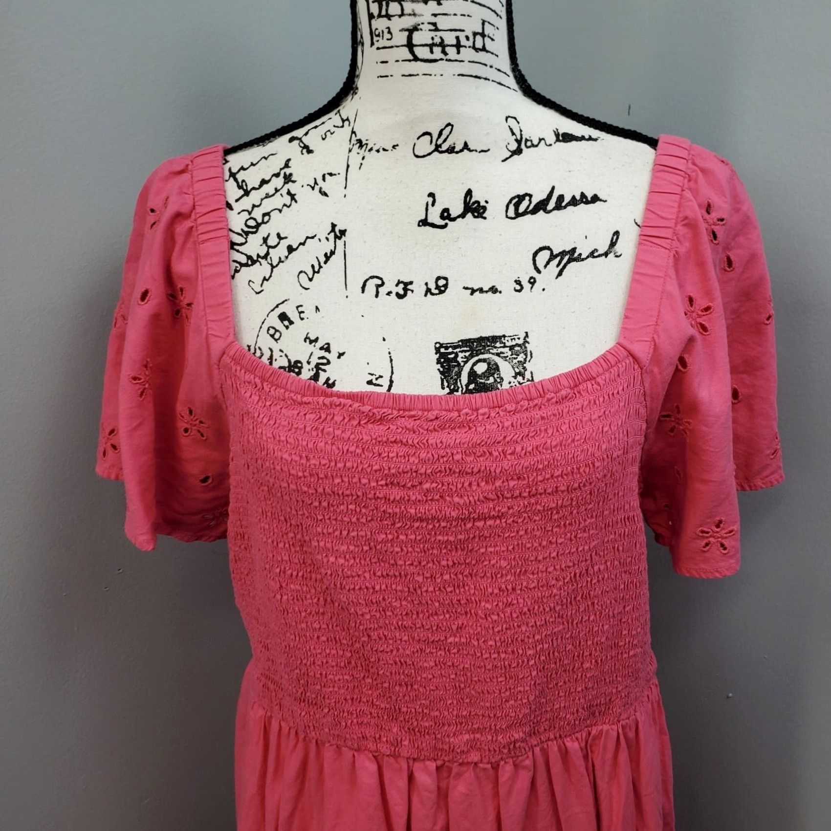 Vintage Beach Lunch Lounge Womens XL Pink Eyelet Smocked Bodice Square Neck Dress Shirt Maxi Casual Size XL / US 12-14 / IT 48-50 - 7 Thumbnail