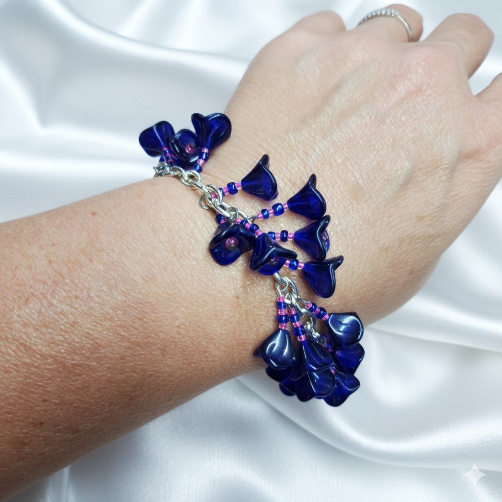 Handmade Charm Bracelet 7.25" Handmade Cobalt Blue Flower Czech Press Size ONE SIZE - 5 Thumbnail