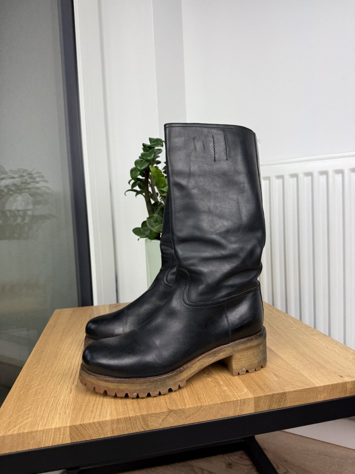 Leather x Prada Boots Logo Belt Biker Moto Shoes Vintage in Black, Women's (Size 7)