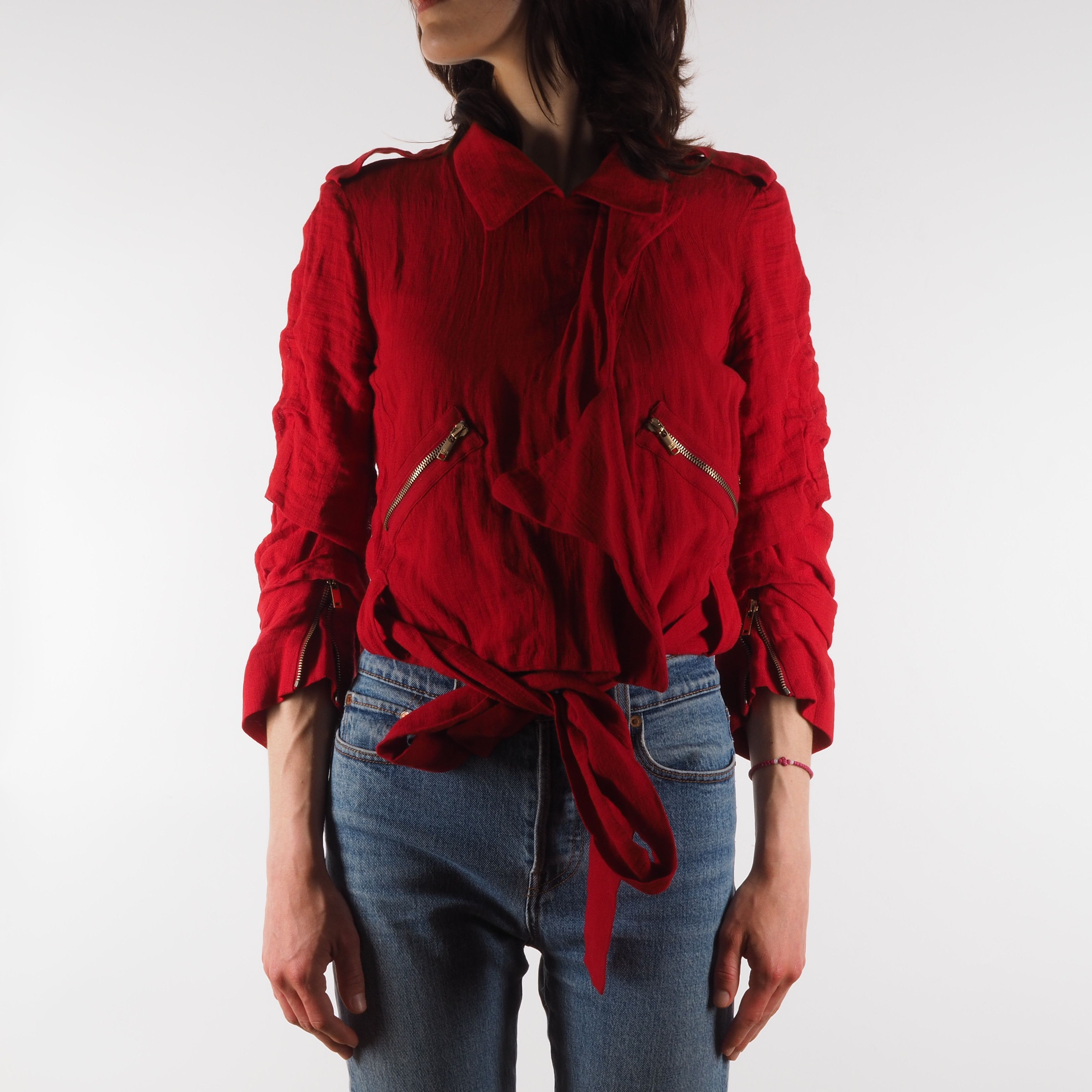 Sonia Rykiel Sonia Rykiel Vintage Red Cropped Draped Linen Moto Jacket Size S / US 4 / IT 40 - 5 Thumbnail