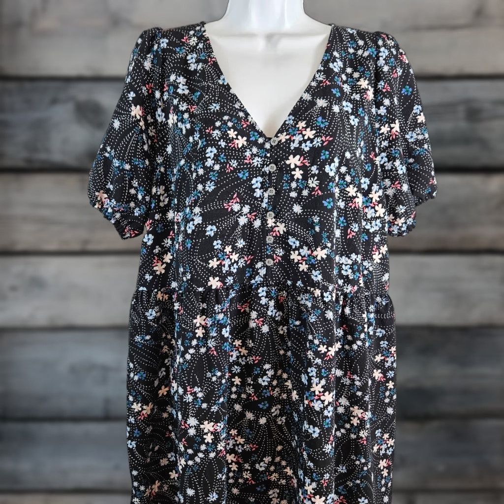 Loft Ann Taylor LOFT Dress Womens Sz Large Black Blue Floral V-Neck Size L / US 10 / IT 46 - 1 Thumbnail