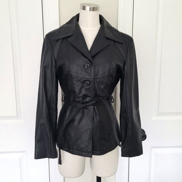 Wilsons Leather Maxima Button-Up Tie-Waist Leather Jacket Biker Retro Y2K Size XS / US 0-2 / IT 36-38 - 2 Thumbnail
