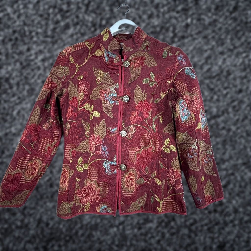Vintage Chico's Women Red Floral Embroidered Asian Jacket Mandarin Collar Cottage Size 0 Size XS / US 0-2 / IT 36-38 - 1 Thumbnail