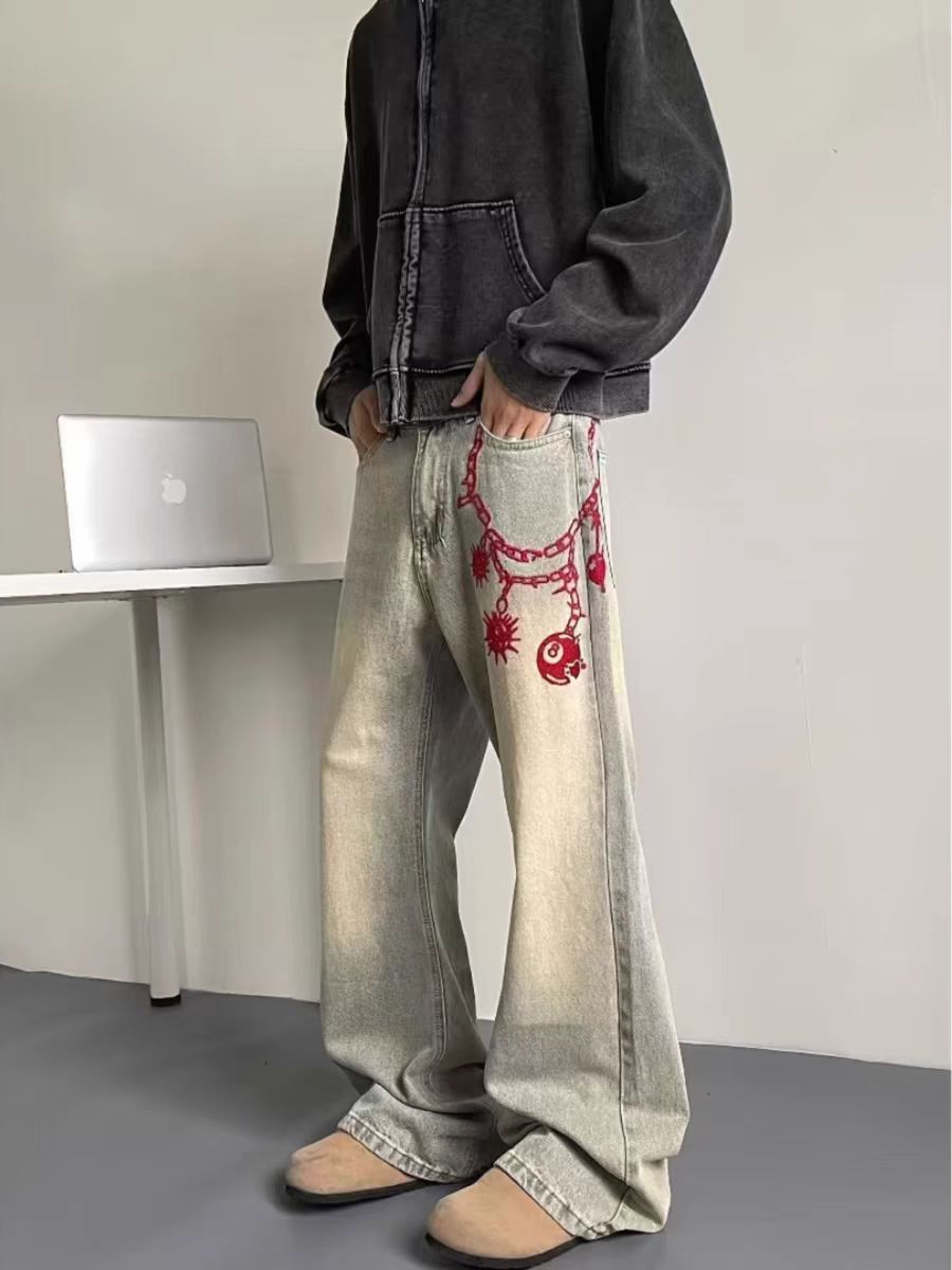 Japanese Brand × Jean Washed and Aged Red Chain Embroidered Street Jeans Size US 32 / EU 48 - 4 Thumbnail