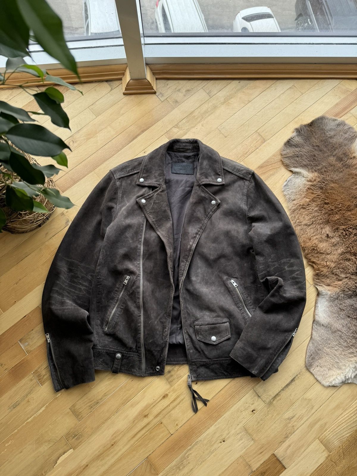 image of Allsaints x Vintage All Saints Distressed Brown Leather Biker Jacket, Men's (Size Small)