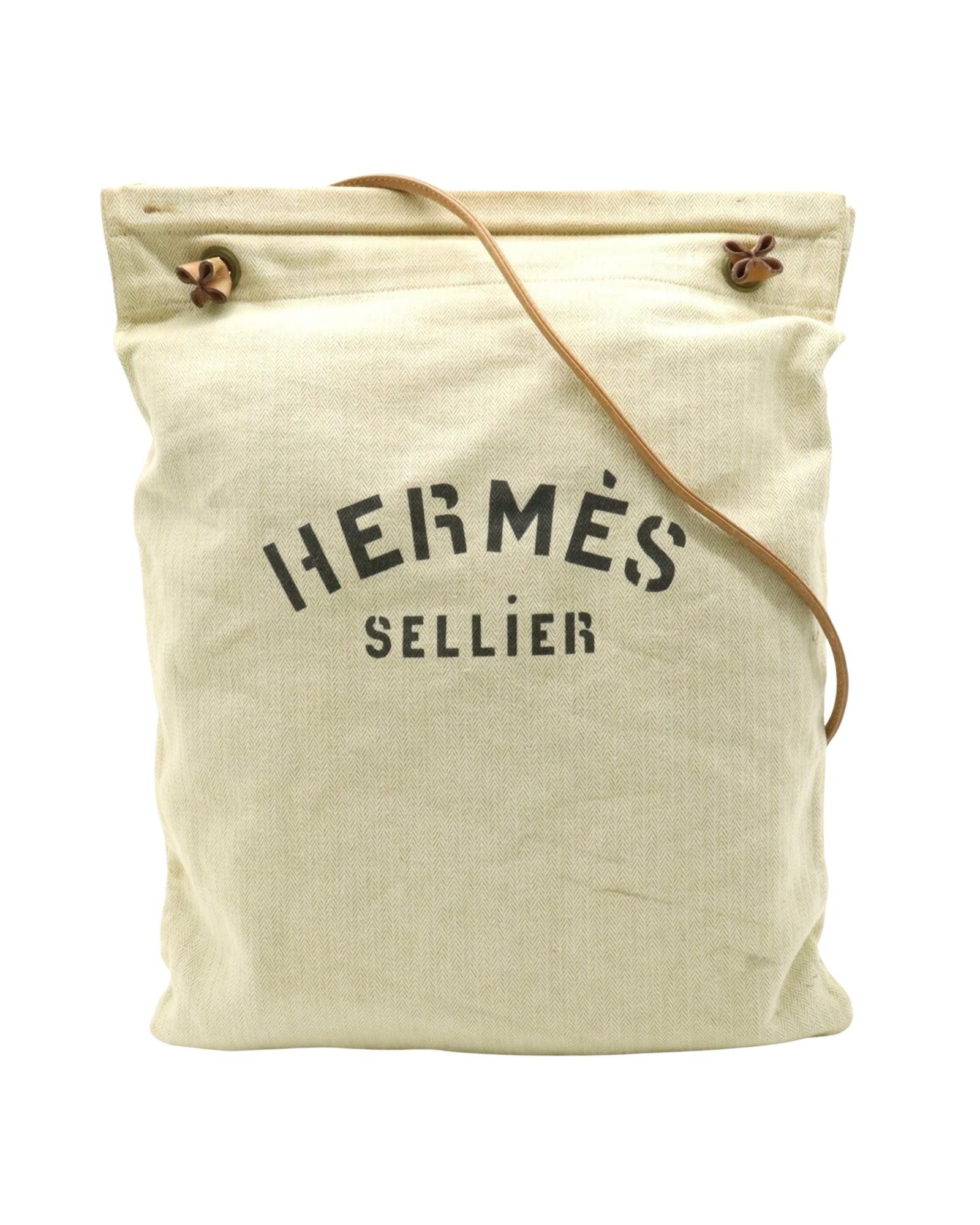 image of Hermes Canvas Shoulder Bag - Chevron Pattern in Beige, Women's