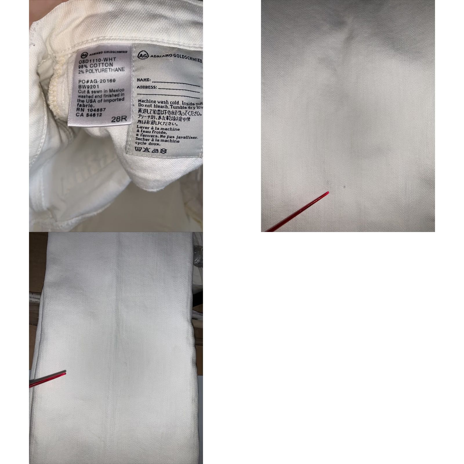 Denime AG Adriano Goldschmied The Stilt Cigarette Leg Jeans Womens 28 White Stretch Denim Regular Size 28" / US 6 / IT 42 - 8 Thumbnail