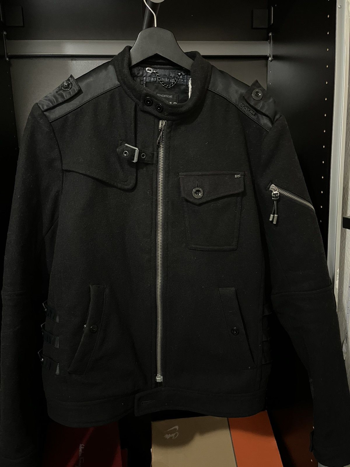 Energie Black Wool and leather biker jacket Size US L / EU 52-54 / 3 - 2 Thumbnail