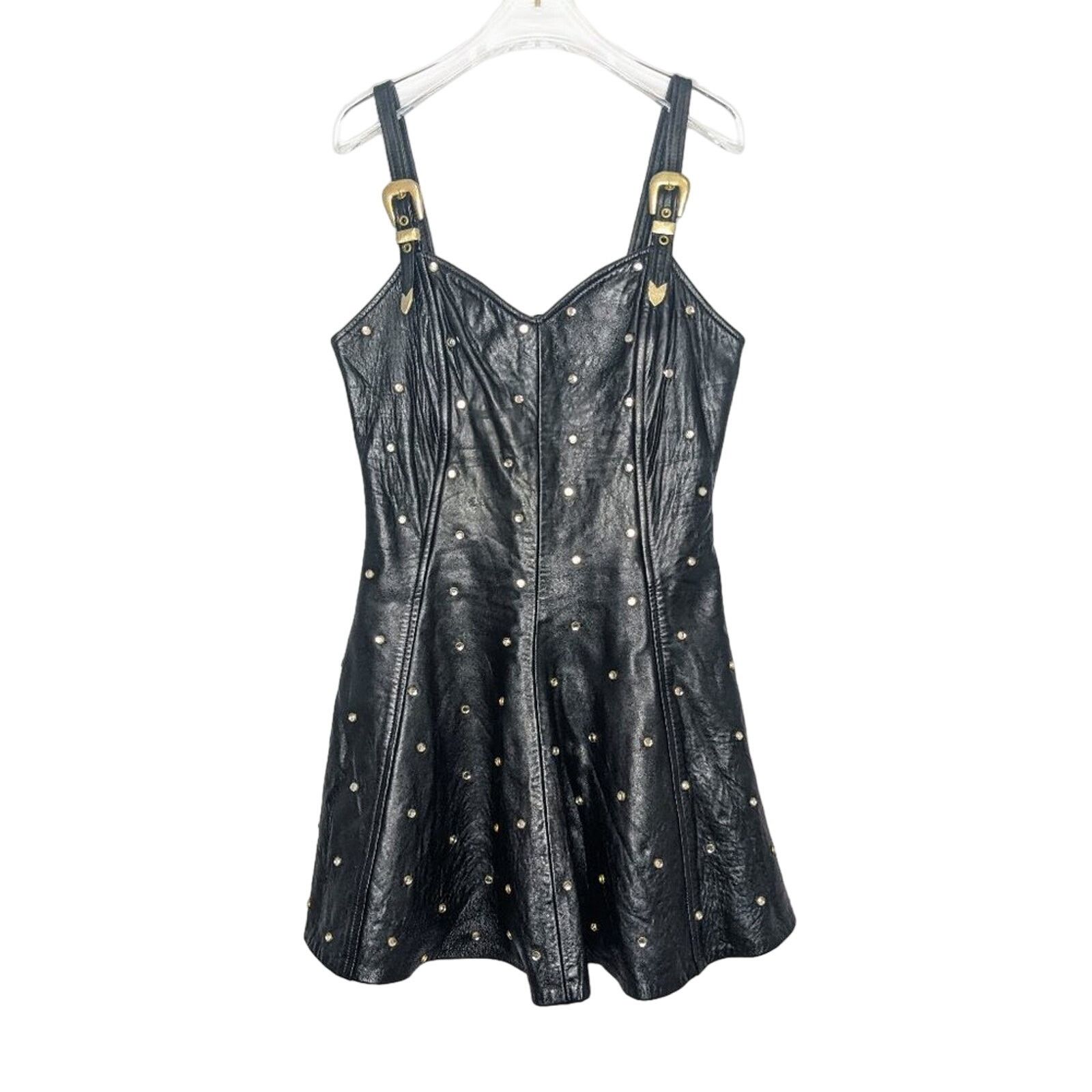 L.A. Roxx L.A Roxx Vintage Black Leather Mini Dress Studded Rhinestone Size L / US 10 / IT 46 - 1 Thumbnail
