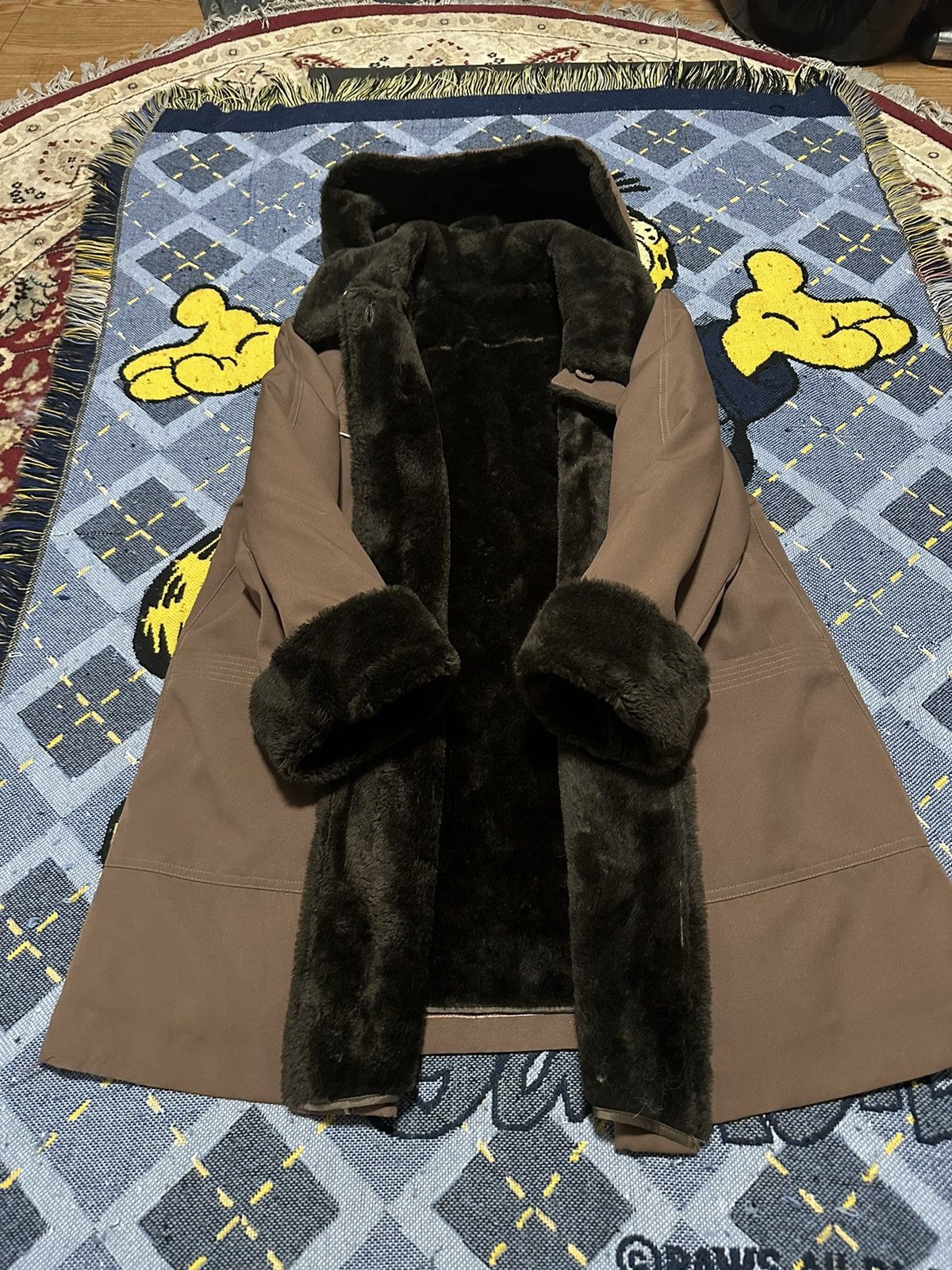 Vintage 70s Faux Fur Trim Collar Long Coat Jacket Size L / US 10 / IT 46 - 2 Thumbnail