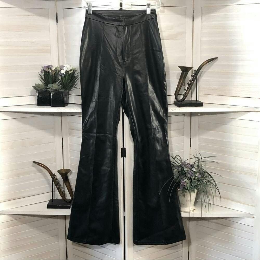 Shein Shein high rise retro black leather bell bottom pants sz 4 Size 27" / US 4 / IT 40 - 1 Thumbnail