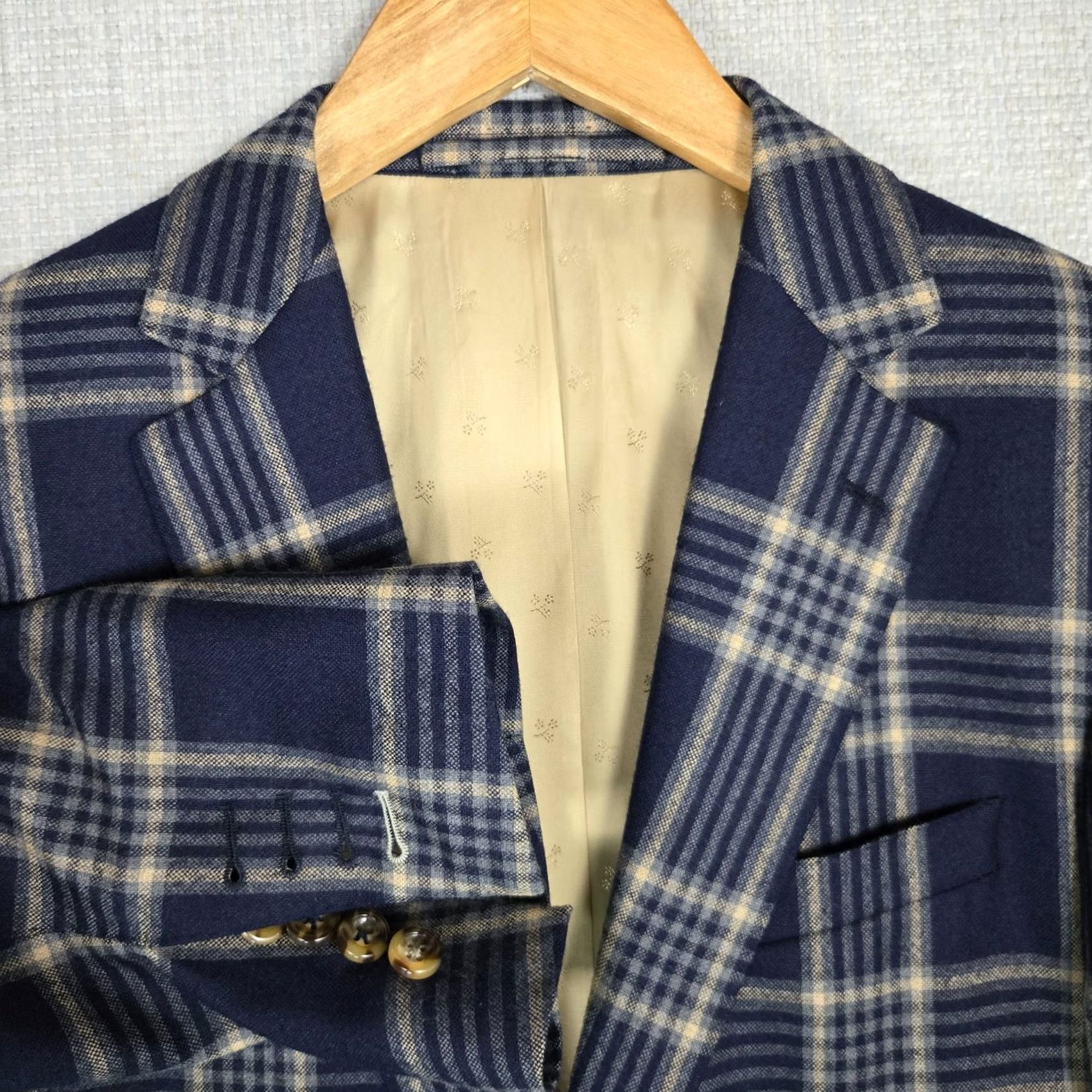Vintage Custom Bespoke Mens Size 38 Blue Windowpane Plaid Soft Wool Jacket Blazer - 100% 4 Button Front, Double Vented, Notch Lapel Size 38R - 3 Thumbnail
