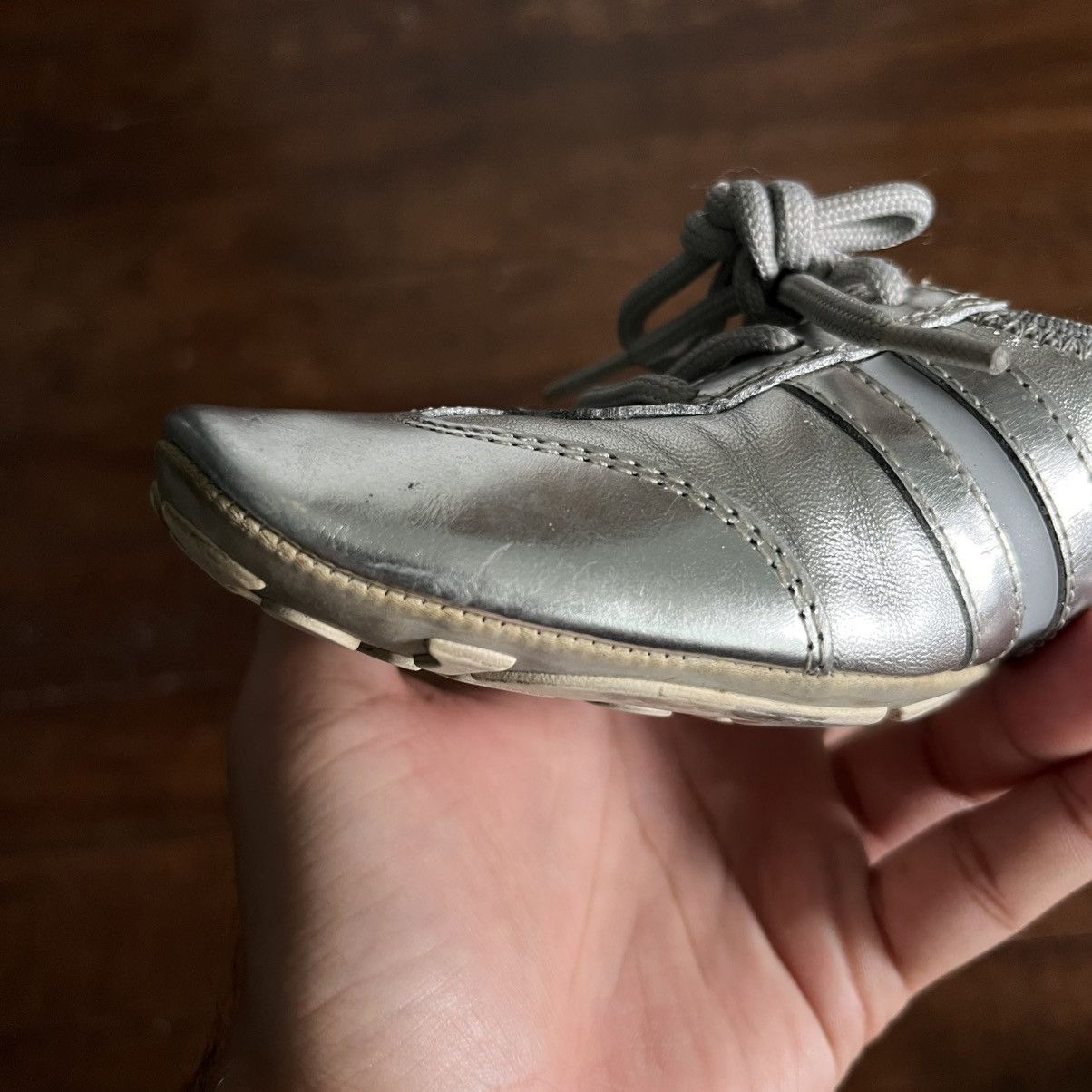Prada Prada Sport Silver Leather Scrunch Lace Up Ballet Flats Size US 5 / IT 35 - 13 Thumbnail