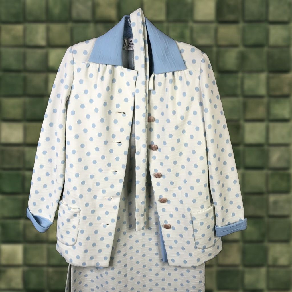 VINTAGE Paula Brooks Skirt Suit Set Womens 12 3 Piece Blue White Polka Dot Ivory Off-White 70s